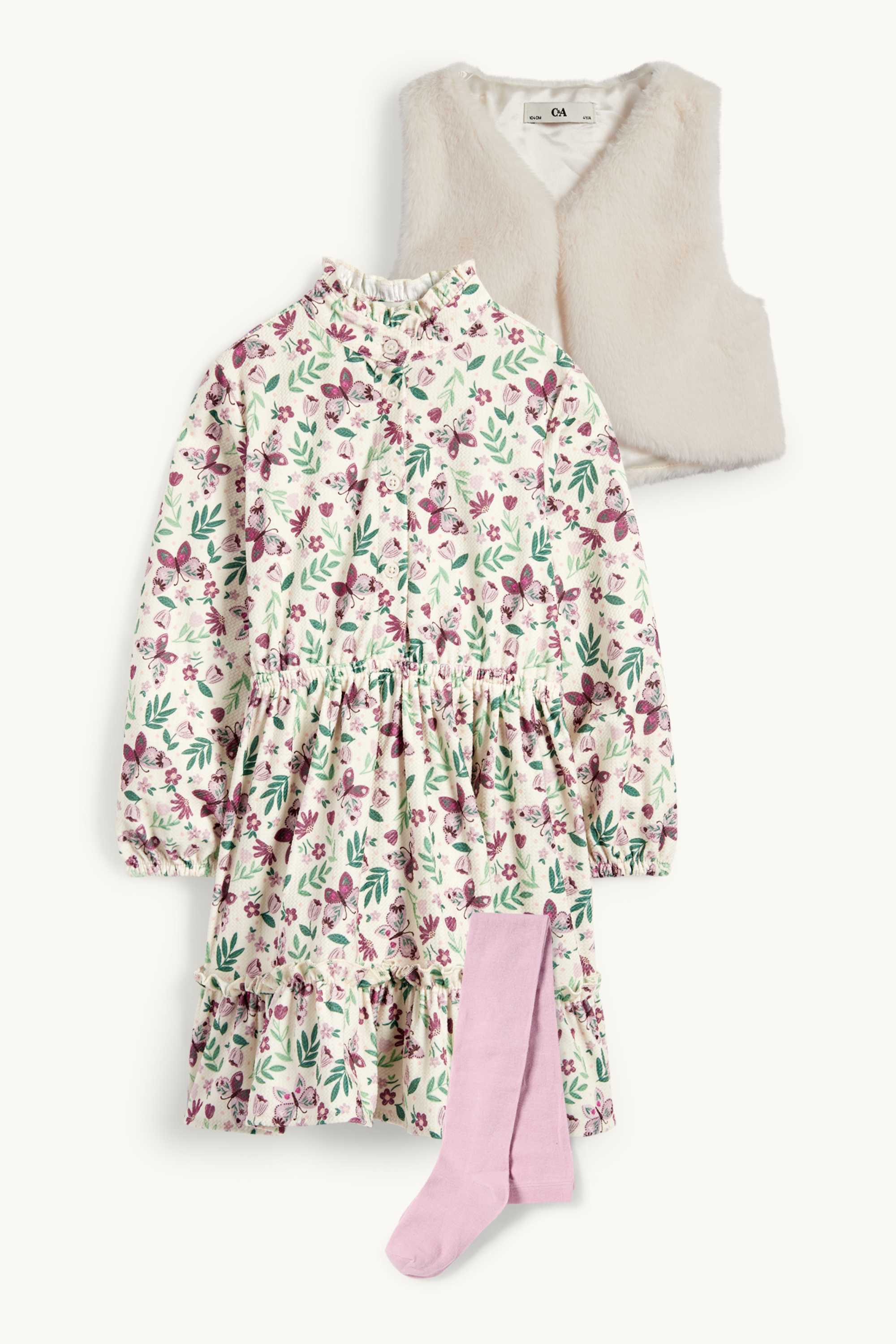 Set - dress, faux fur waistcoat and tights - 3 piece violet