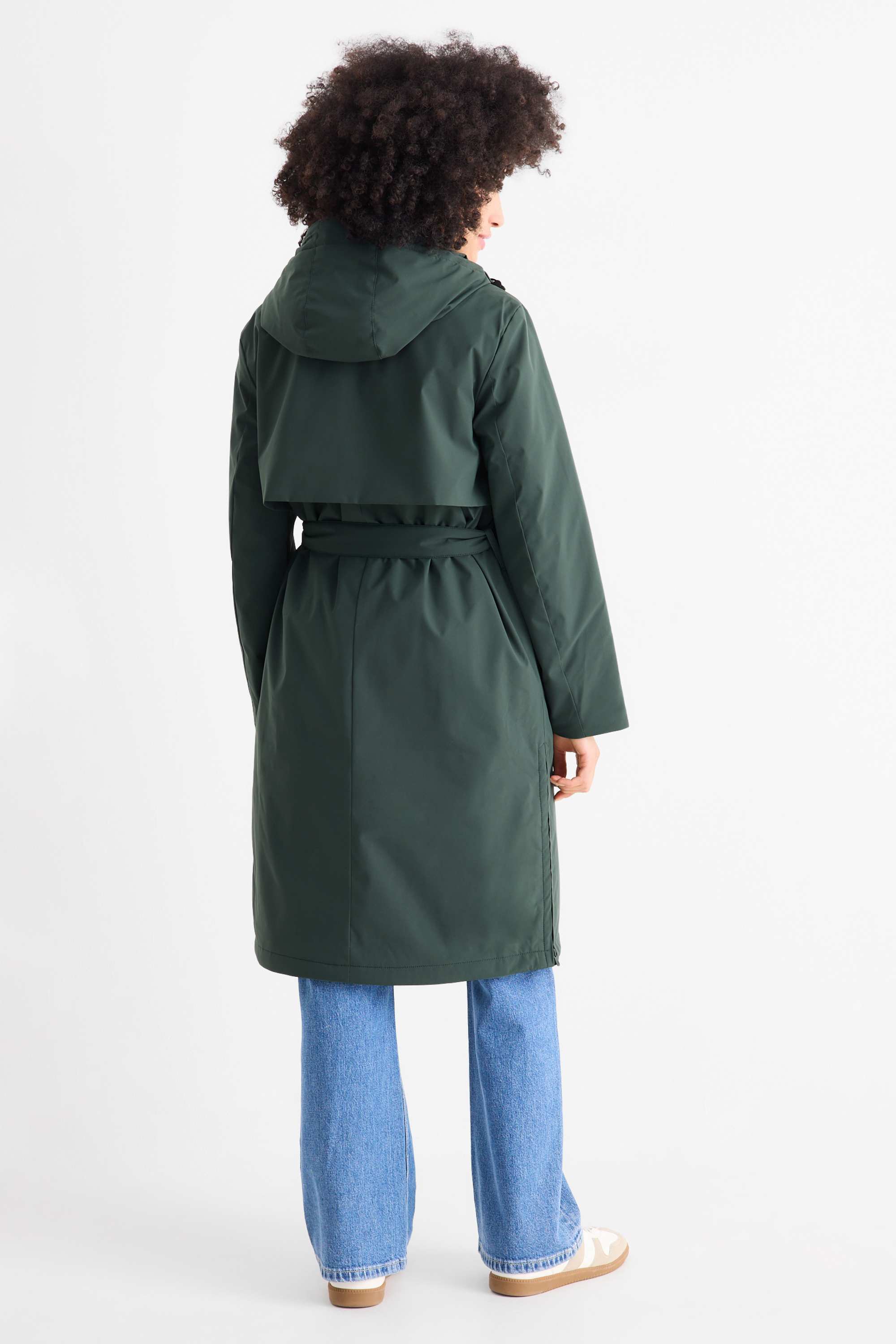Coat with hood and belt - lined - water-repellent dark green