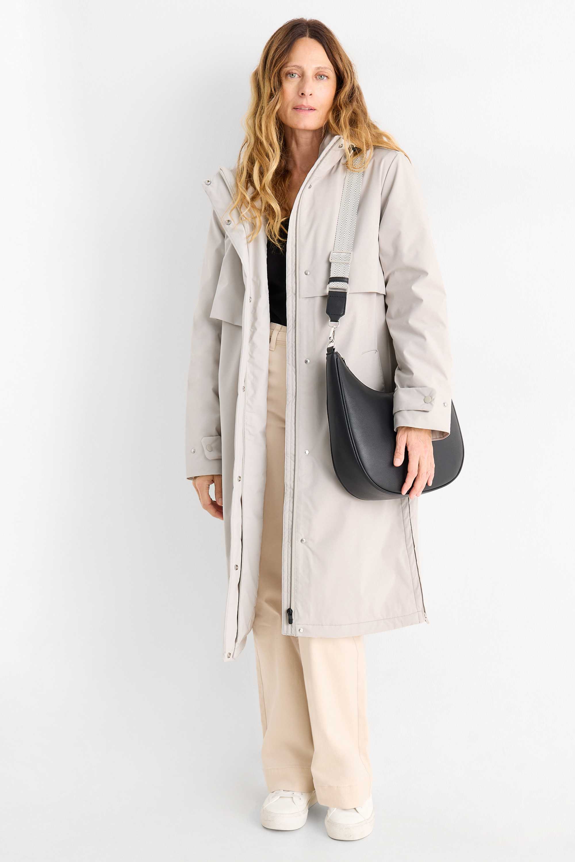 Coat with hood and belt - lined - water-repellent light gray