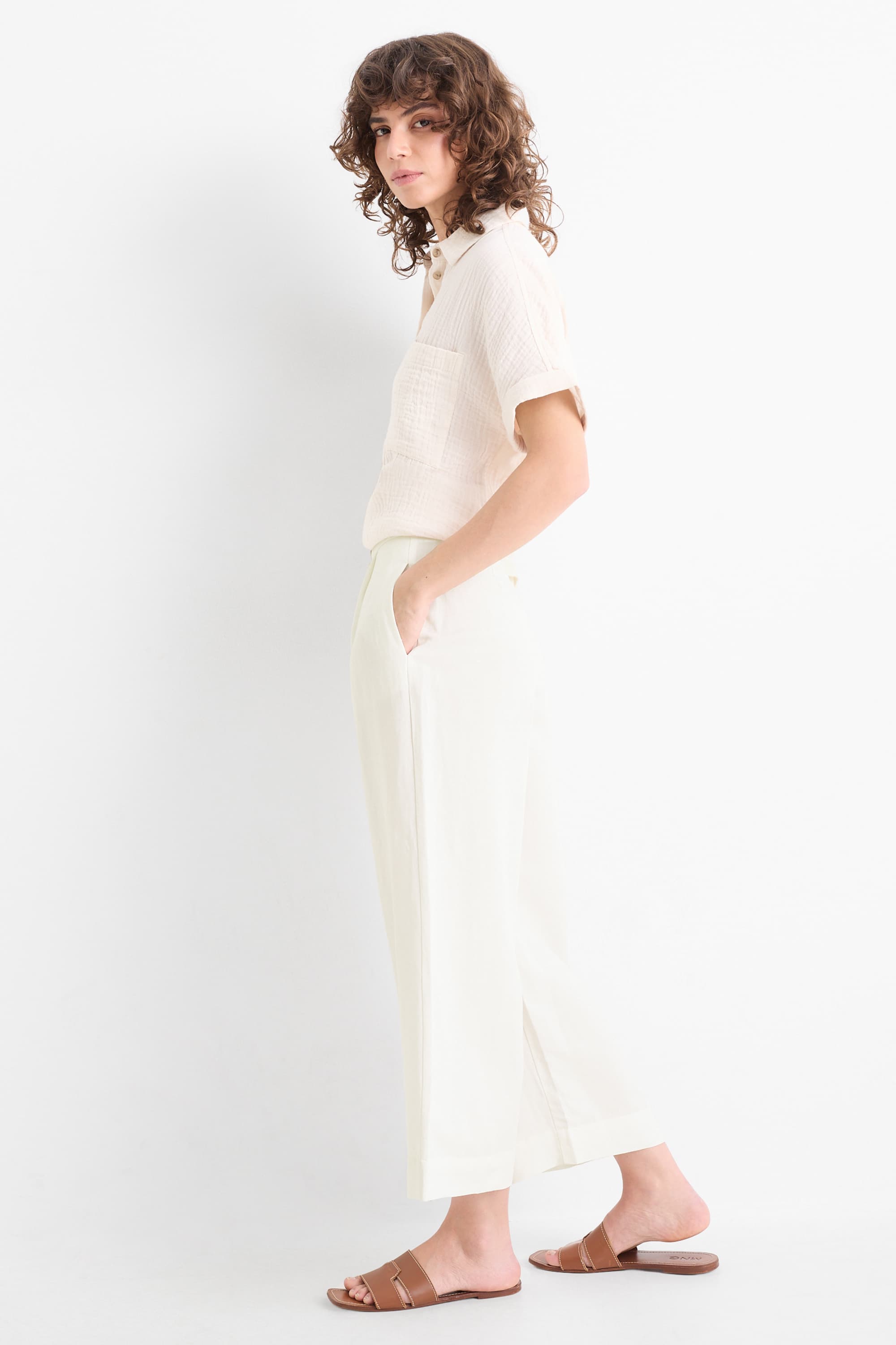 Business trousers with linen content - high waist - wide leg cremewhite