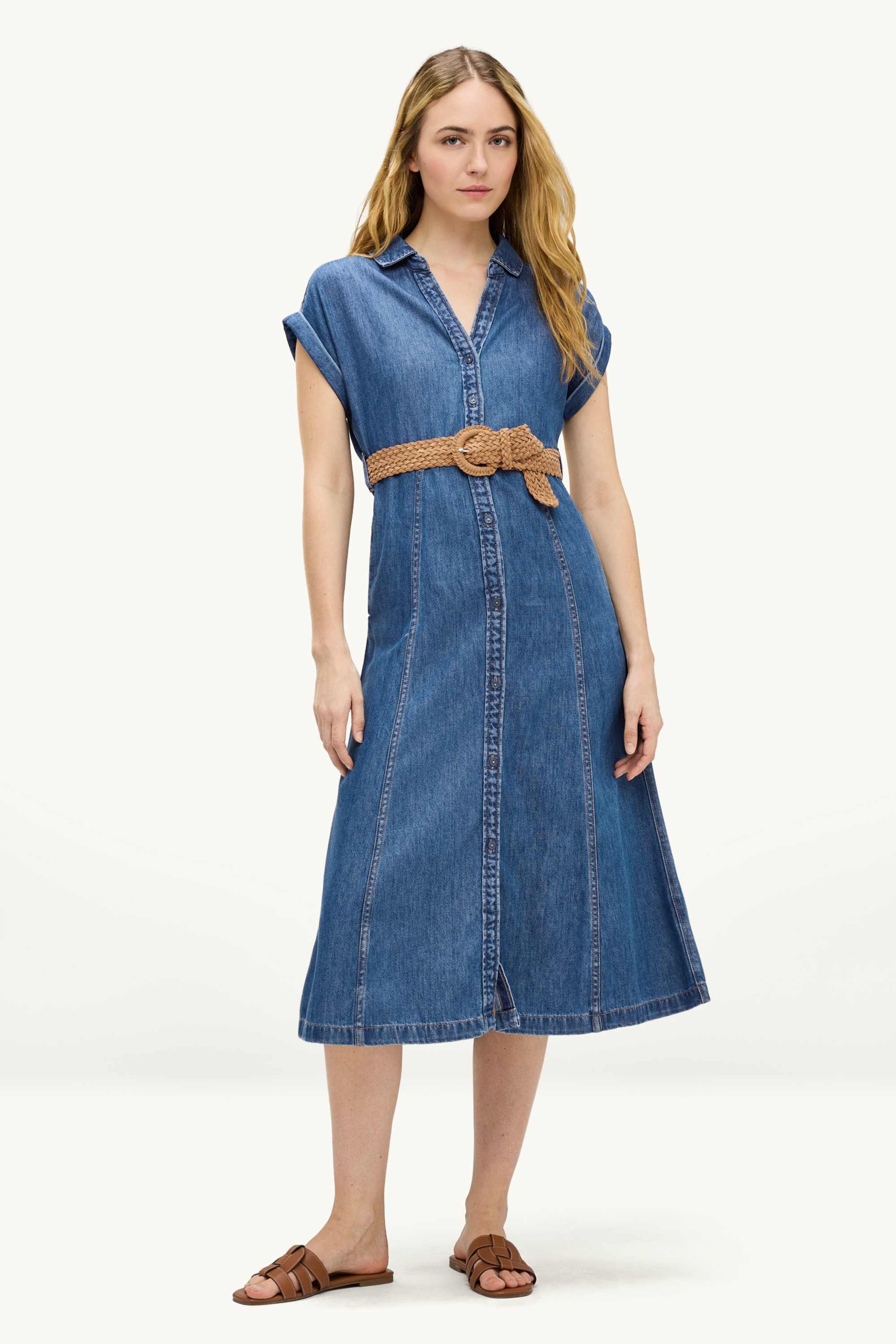 Denim shirt dress with V-neck and belt blue denim