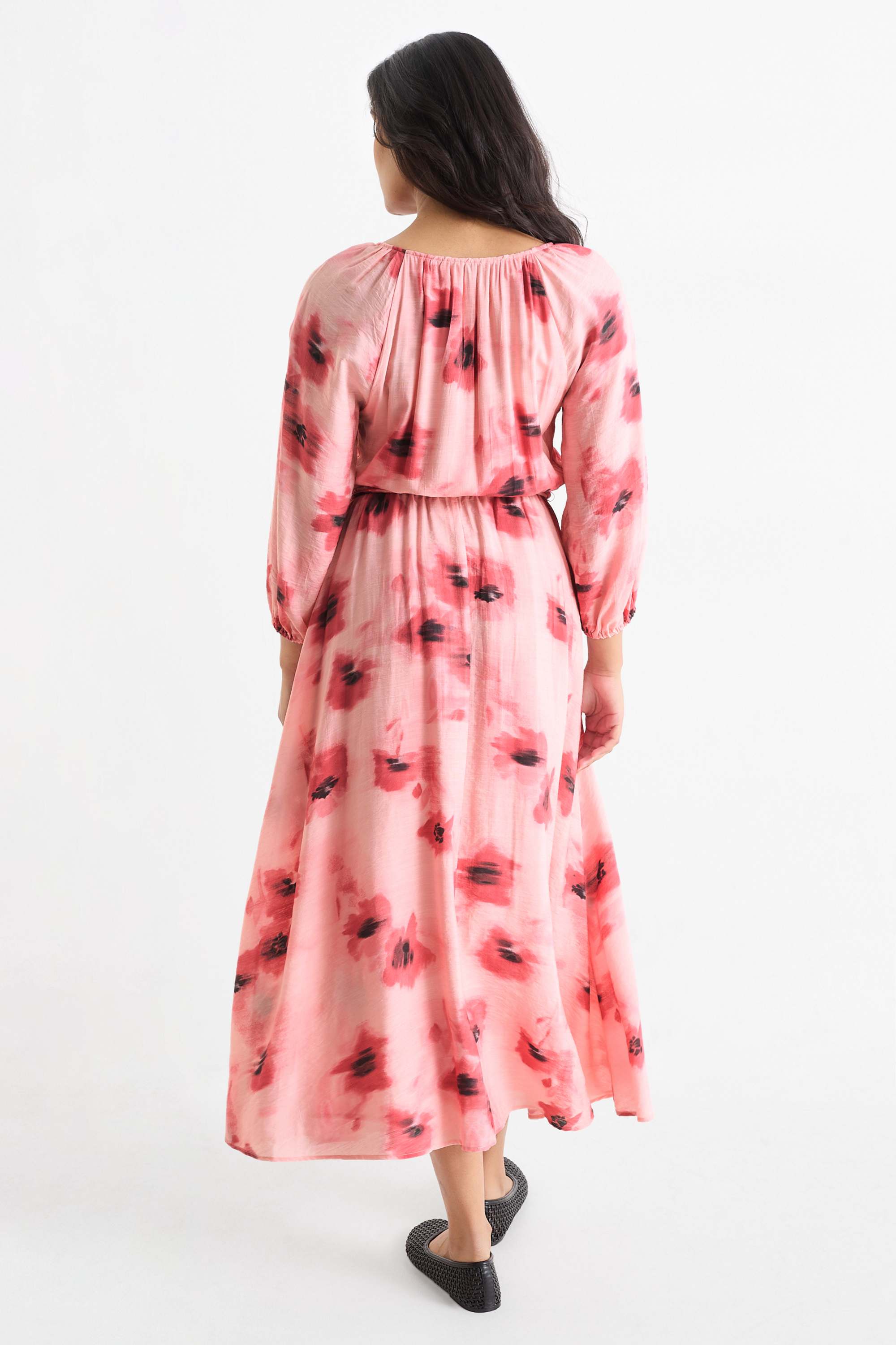 V-neck dress - straight fit - floral pink / rose