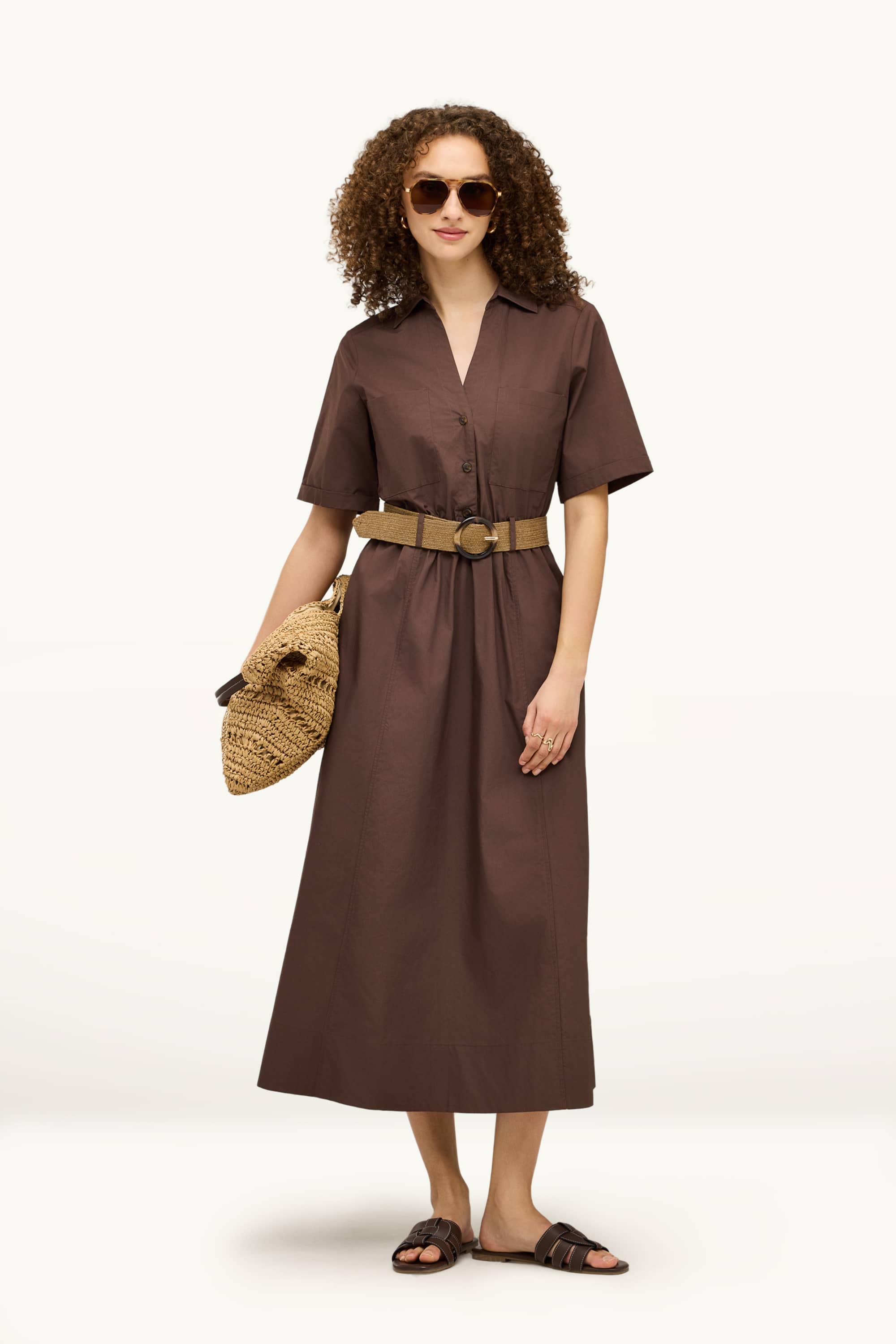 V-neck dress with belt dark brown