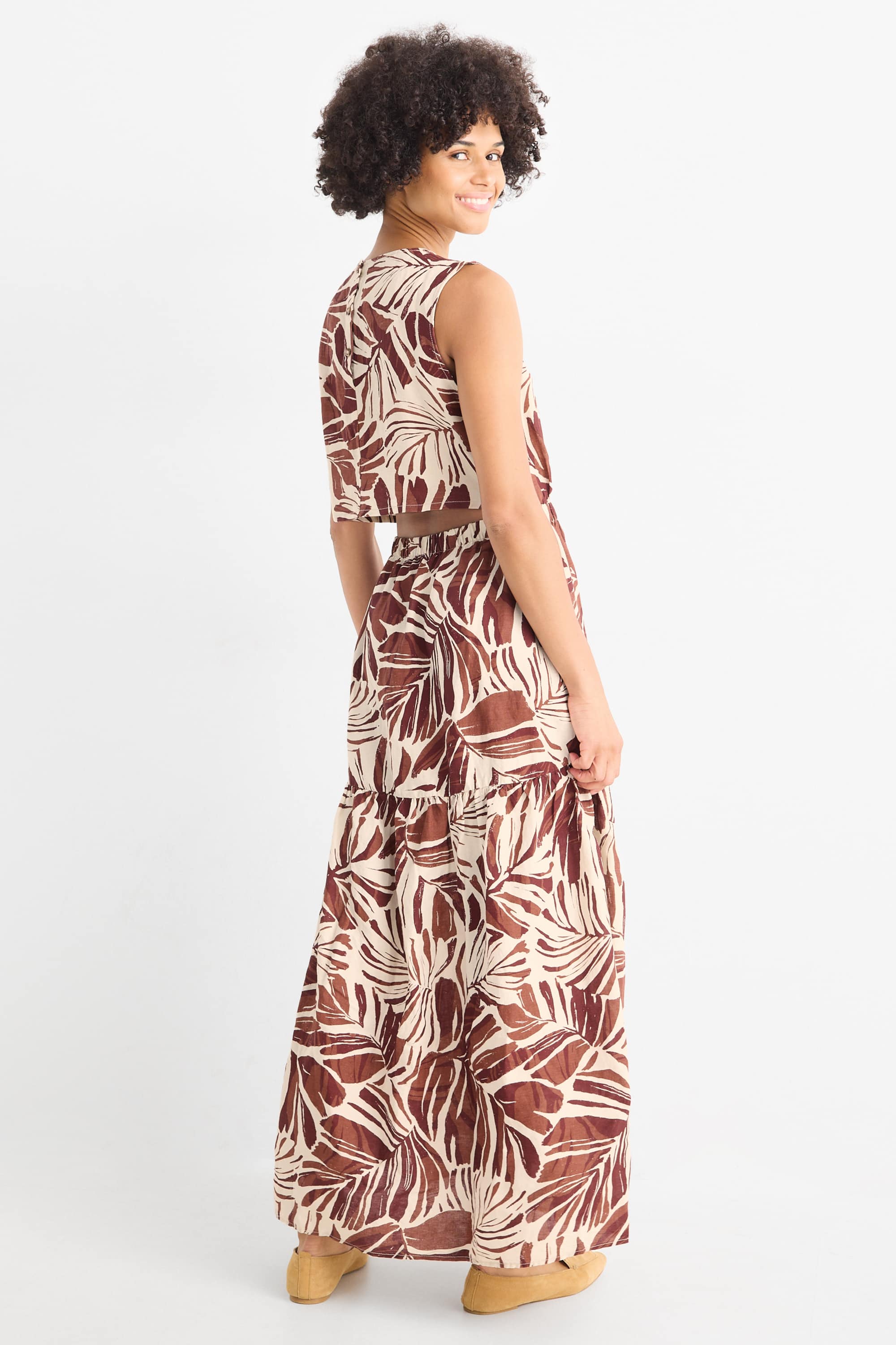 Fit & flare dress - linen blend - patterned brown / cremewhite