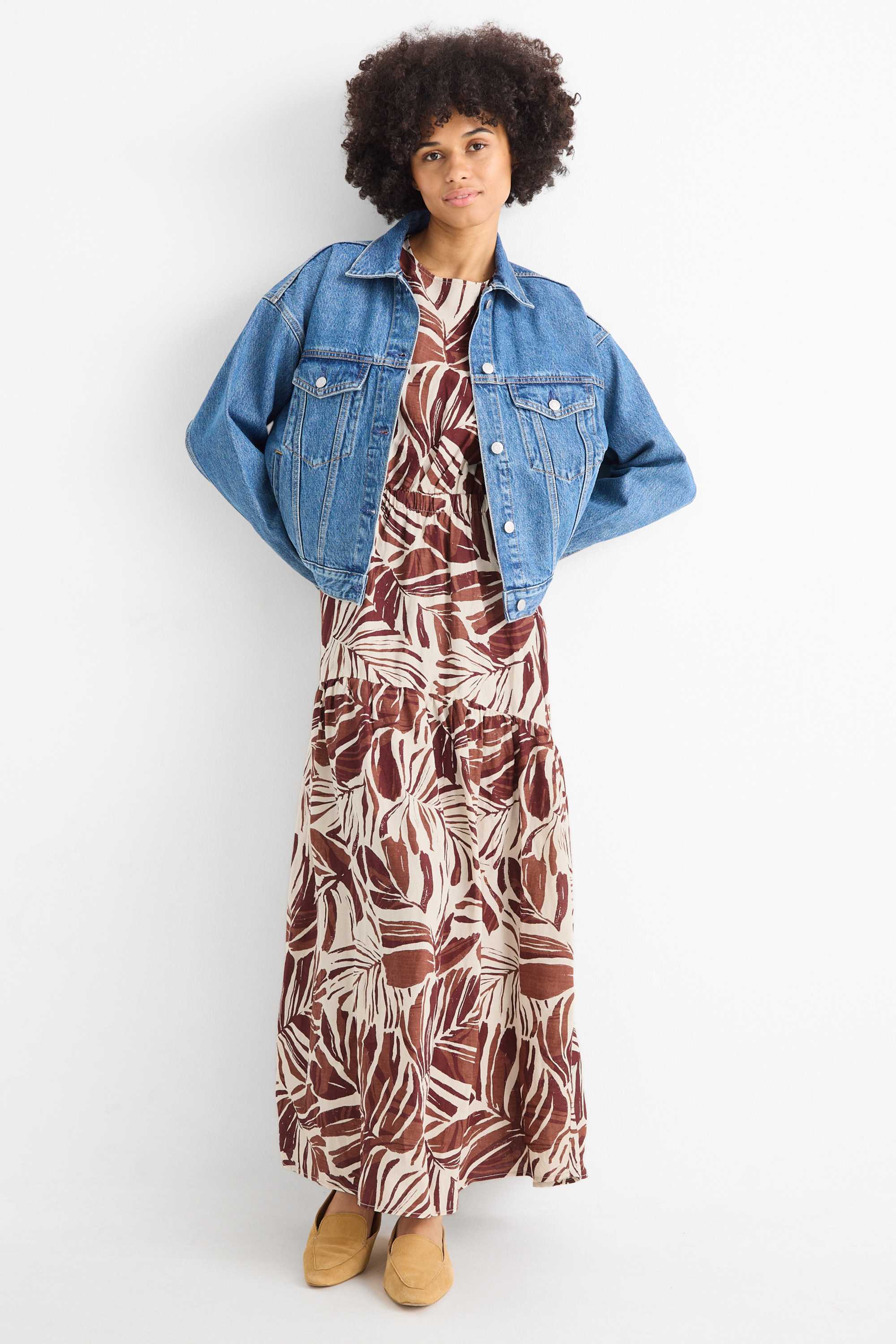 Fit & flare dress - linen blend - patterned brown / cremewhite