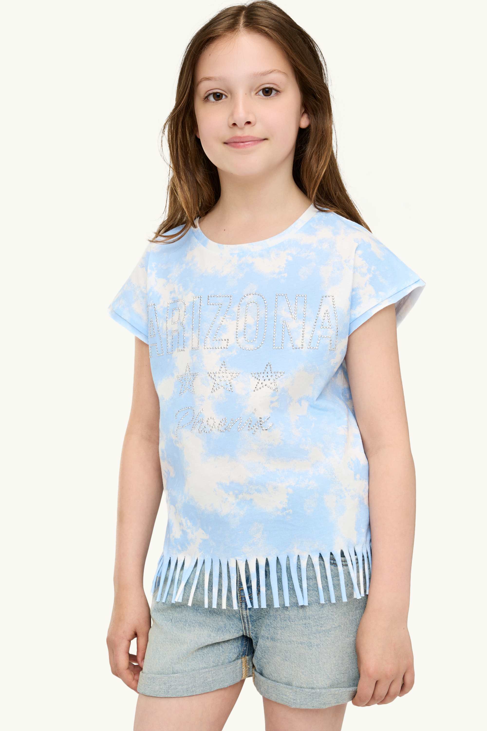 Arizona and cloud - short sleeve T-shirt with rhinestones blue / white