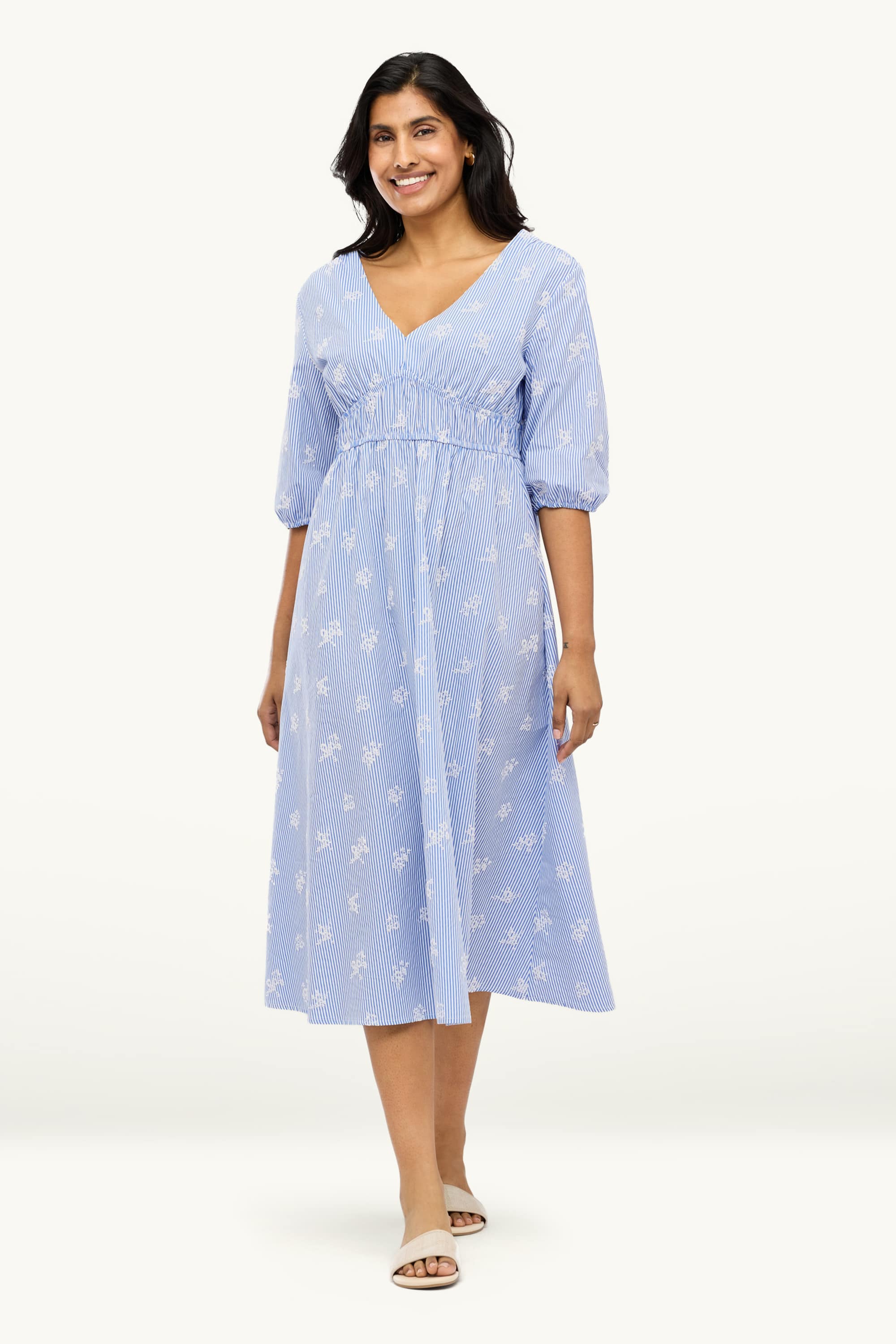 Empire dress with V-neck - embroidered - striped blue / white