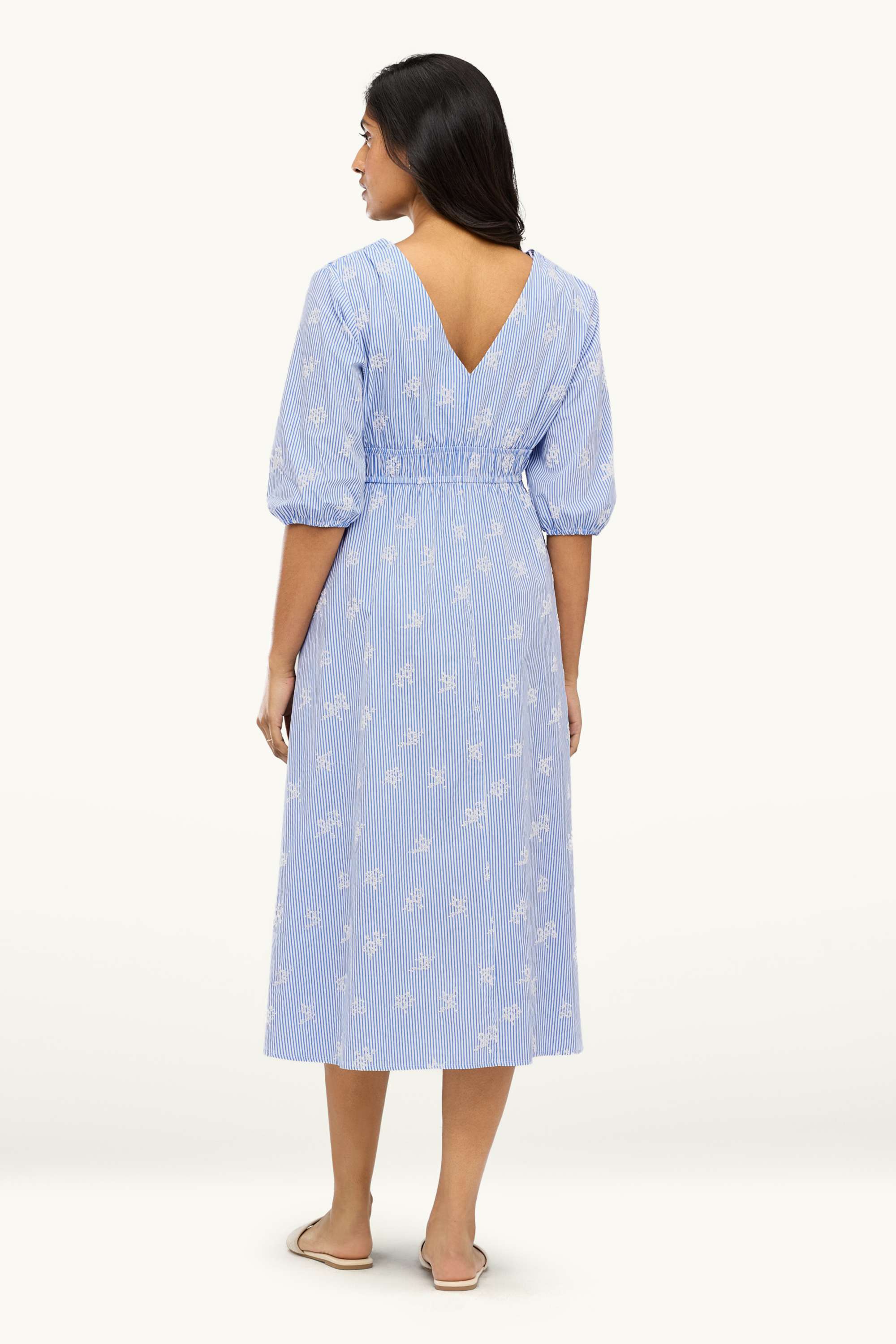 Empire dress with V-neck - embroidered - striped blue / white