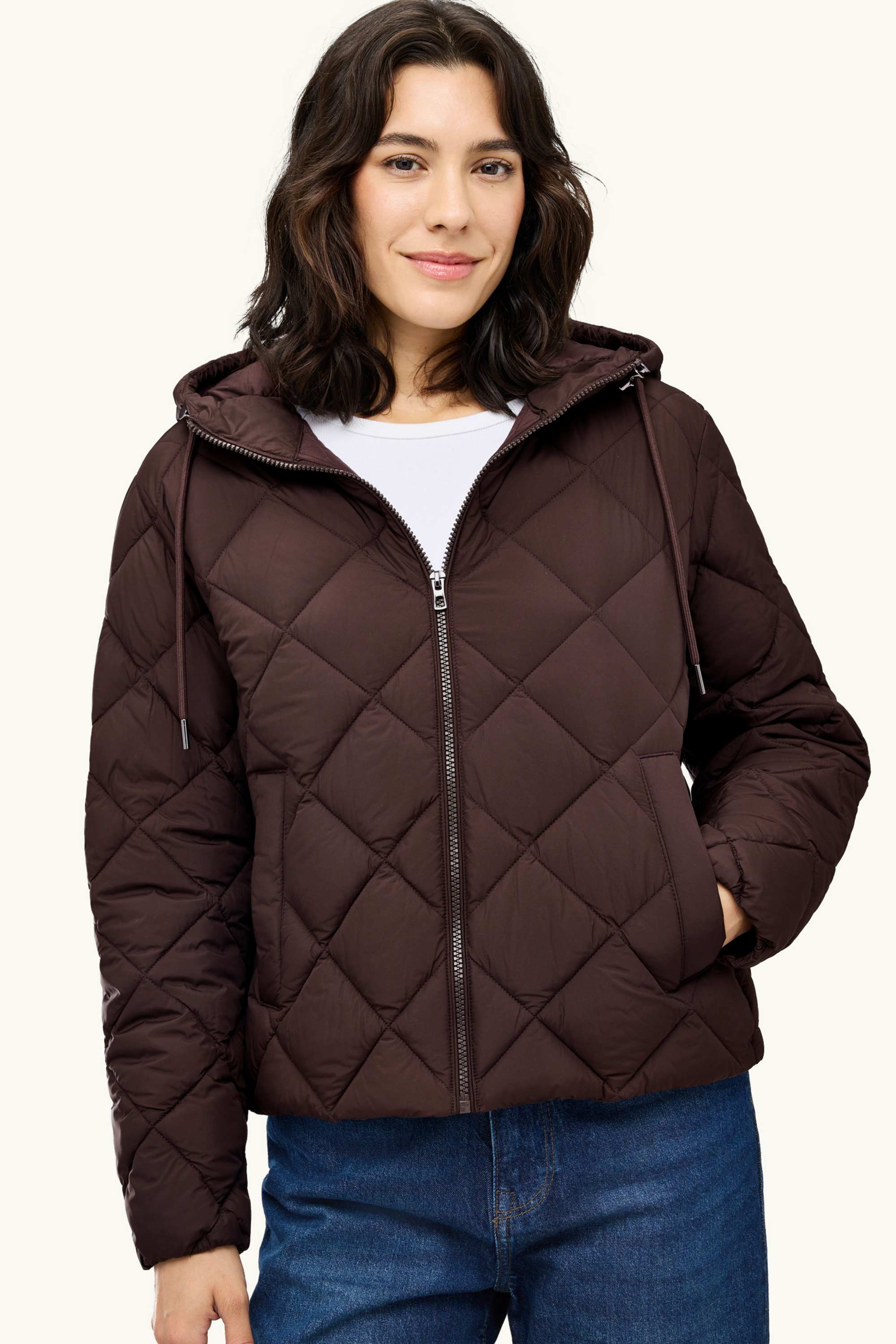 Quilted jacket with hood - water-repellent brown