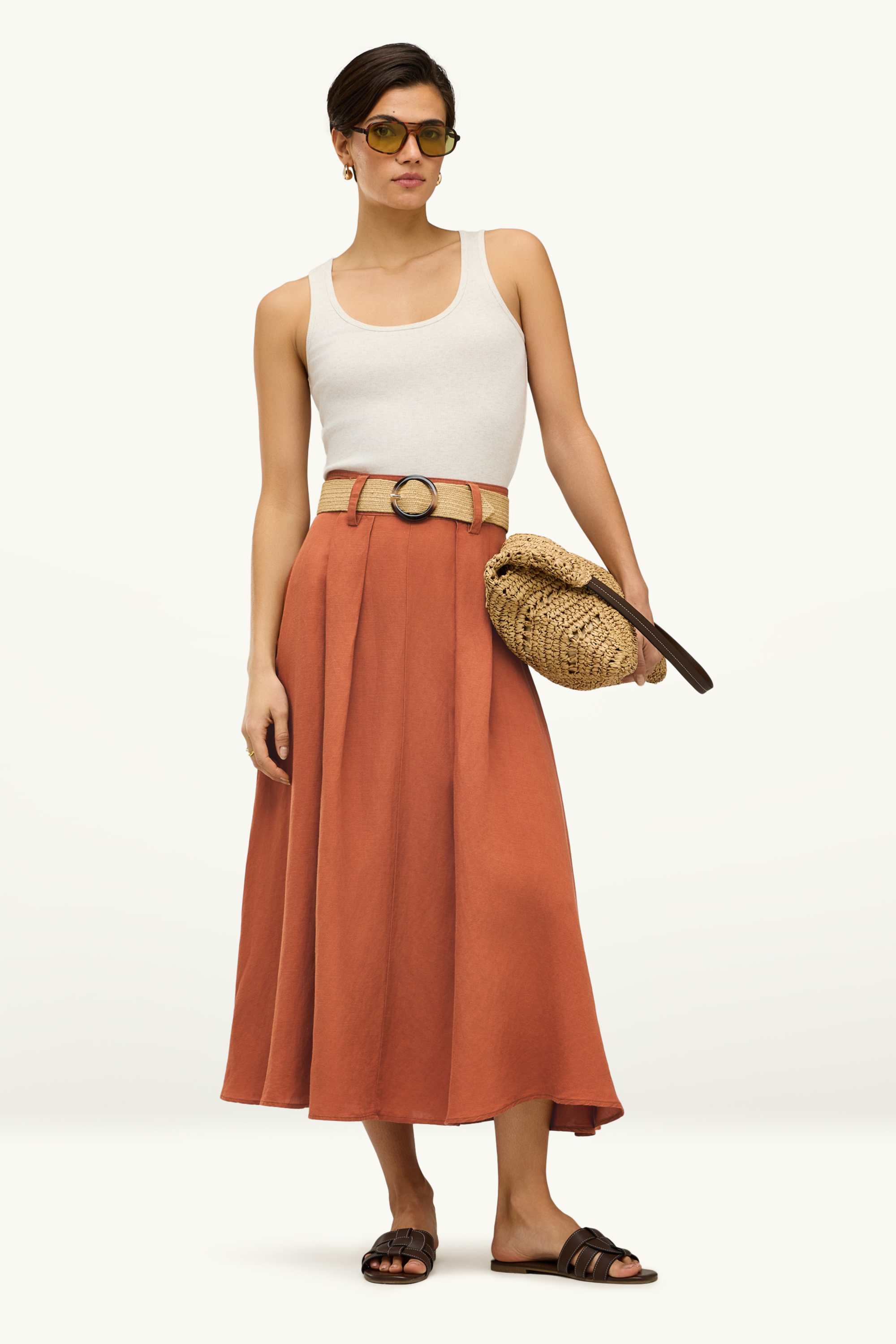 Skirt with belt - linen blend orange