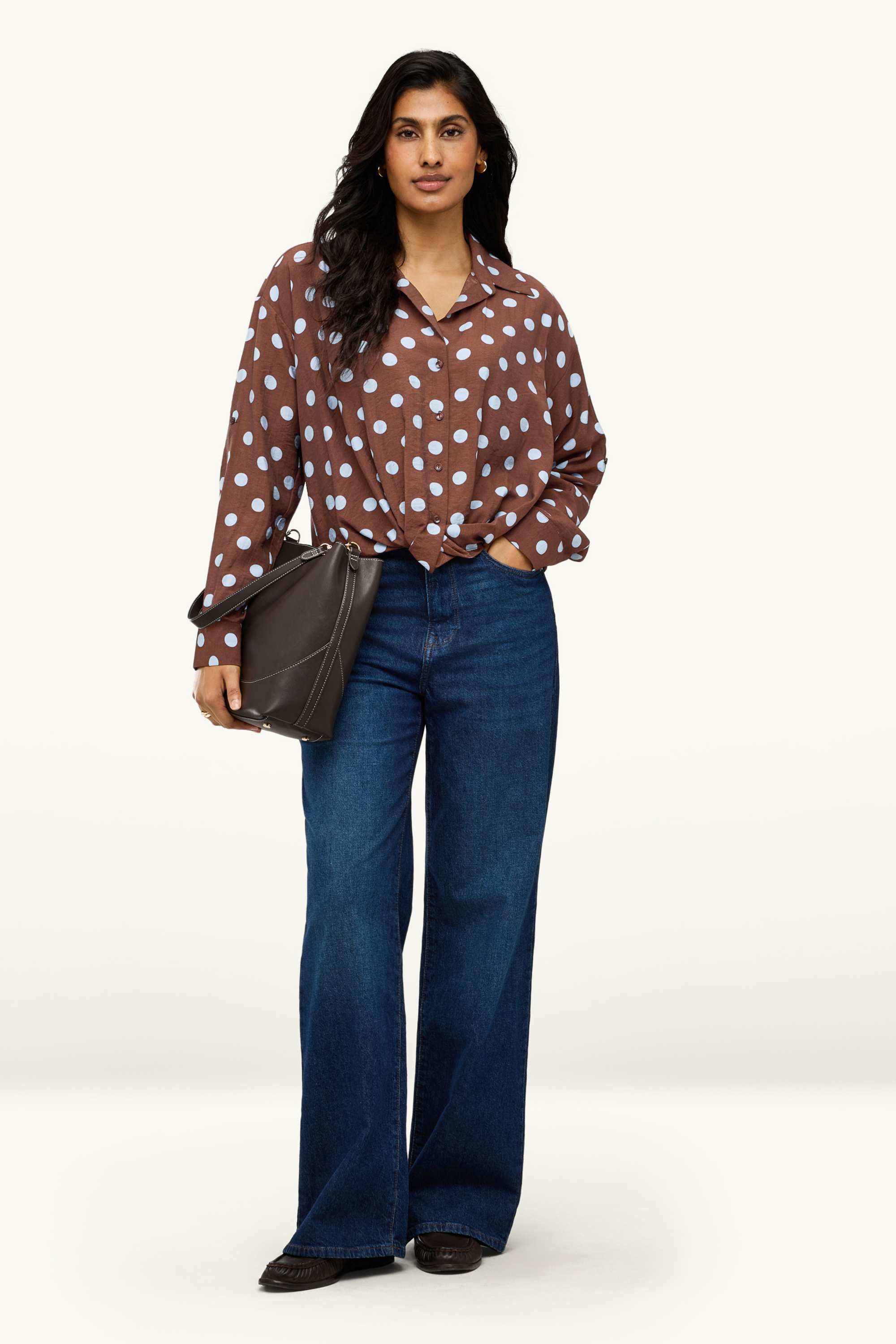 Shirt blouse with knot detail - polka dot brown / blue