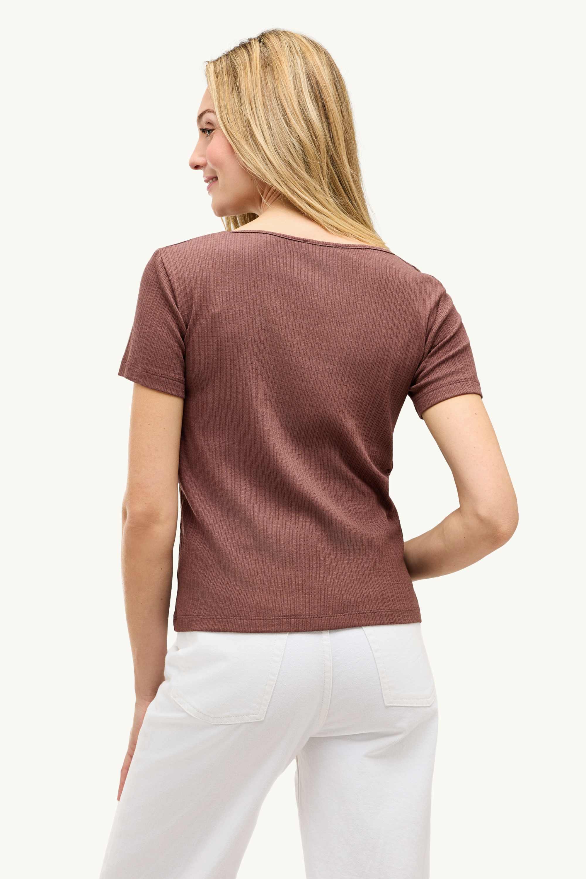 V-neck T-shirt - ribbed brown