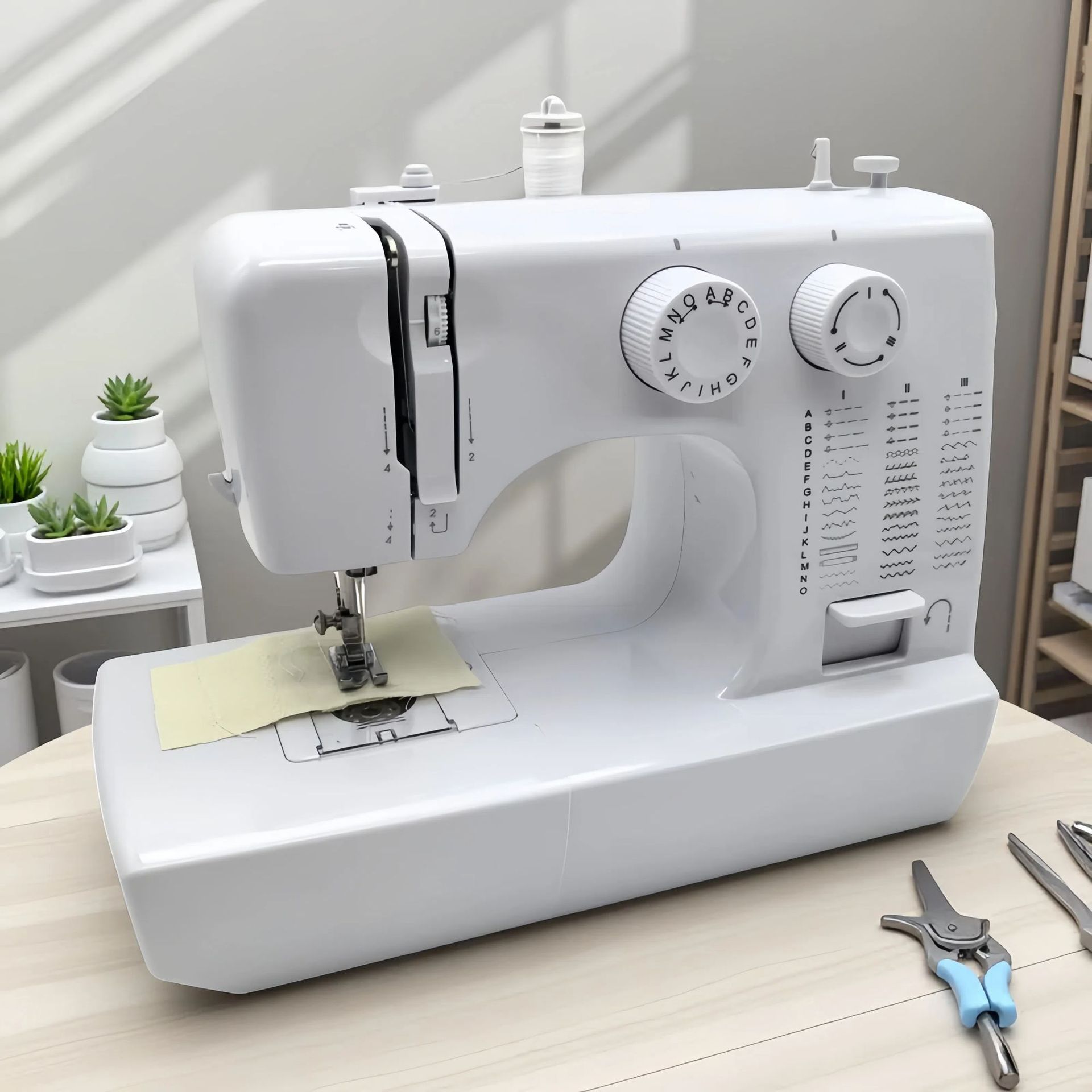 Multifunctional household sewing machine with double thread, double needle, and 12 stitch options.