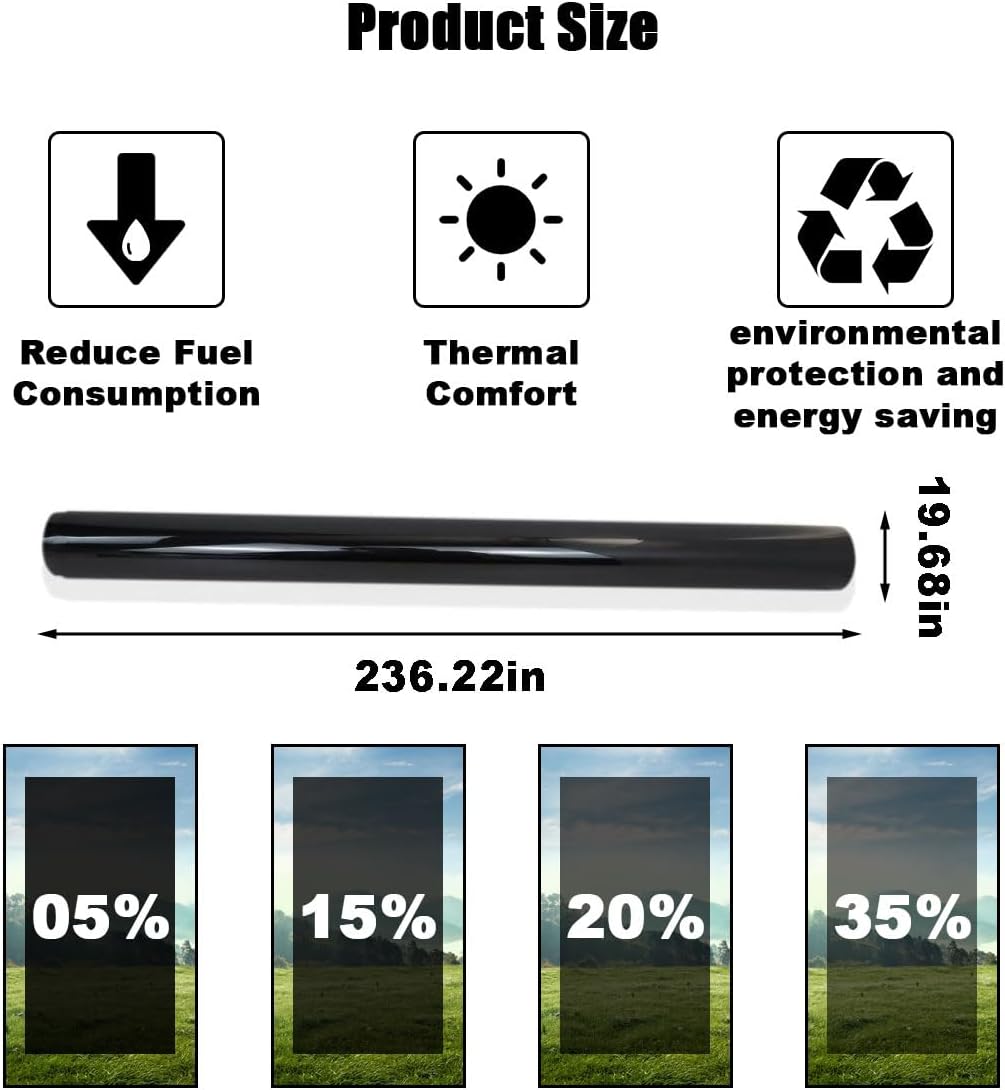 Car Window Tint Film for Auto Sun Shade Roll Width 20"×Length 19.68Ft Universal Dark Vinyl Protection Film with 5/15/20/35% VLT, Privacy Sunlight Heat UV Block Protection & Scratch Resistant