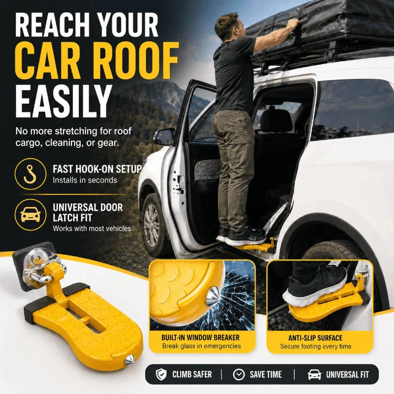 Car Doorstep Vehicle Hooked Folding Ladder Foot Pegs Pedal with Safety Hammer Function for Easy Access to Car Rooftop U Shaped Doorstep Compatible with SUV RV Off-Road