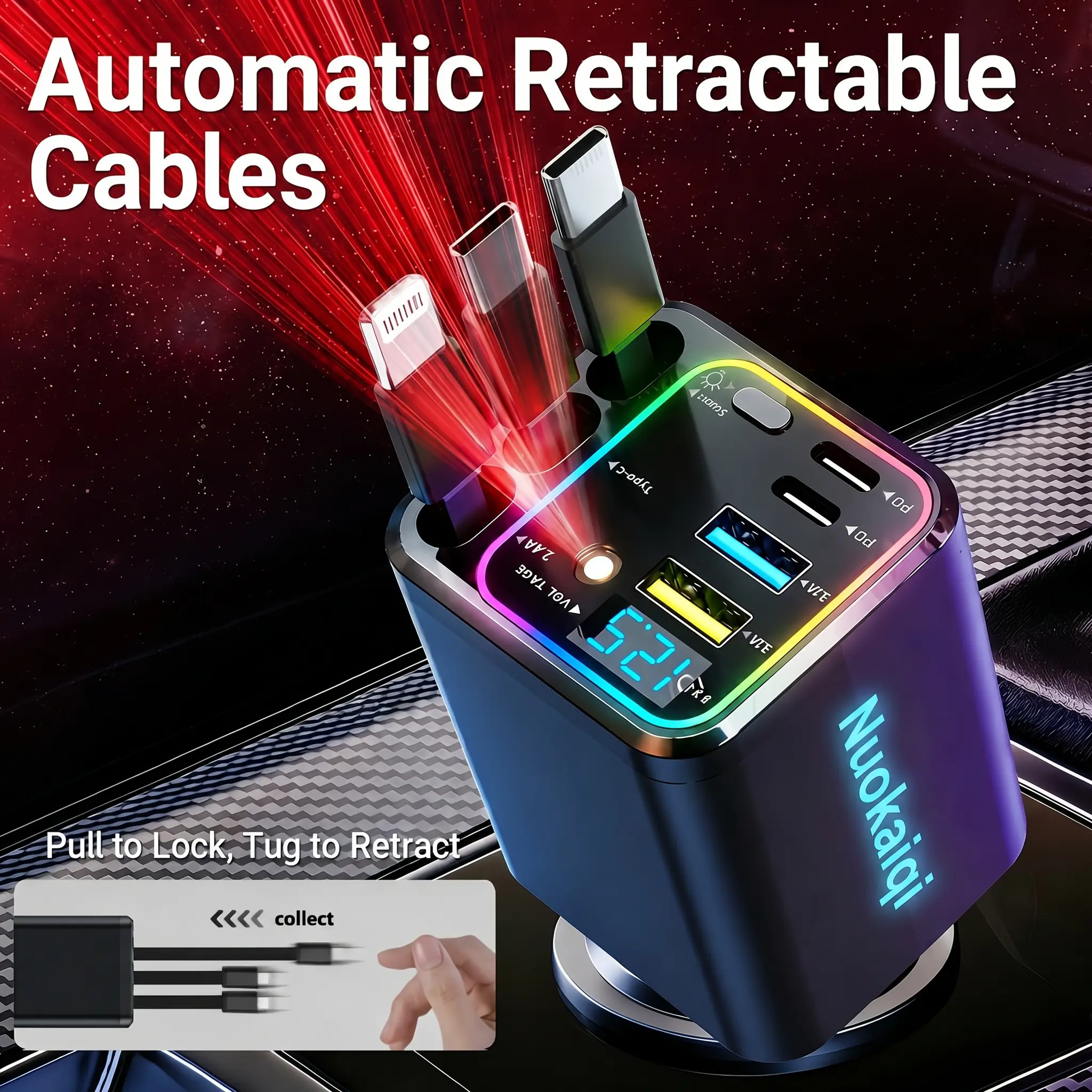 Ultimate Power Station for Phone, Pad & Laptop,Car Charger: Starry LED,Atmosphere Lamp,1-Click Galaxy Projector,Star Projector Tangle-Free Retractable Cables & Super Fast Charge,PD20W,USB-A 65W,All 120W Max,Power Hub