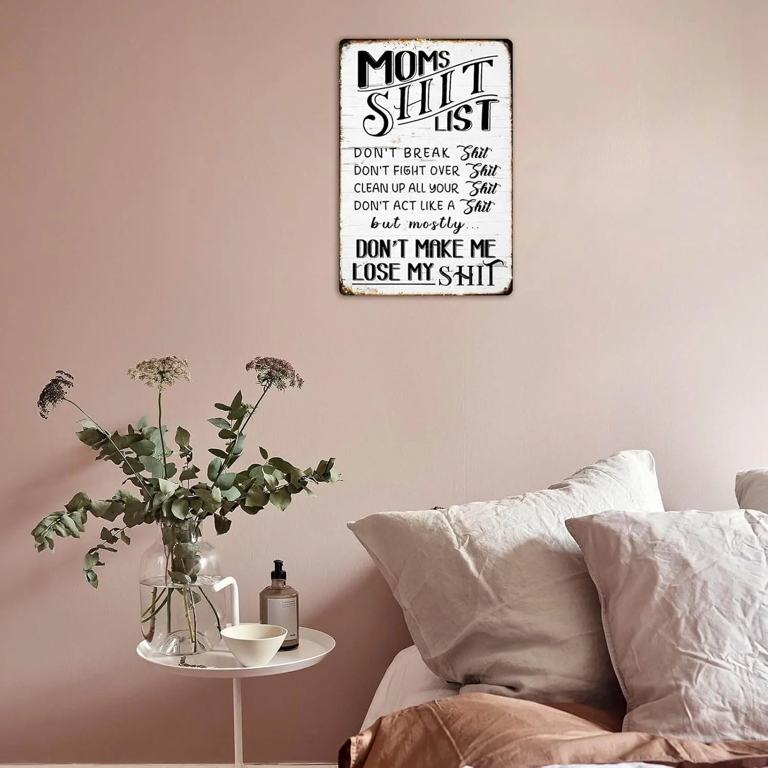 Funny Mom Life Kitchen Wall Decor, Moms List Sarcastic Home Tin Sign, Mom's Shit List Funny Decor
