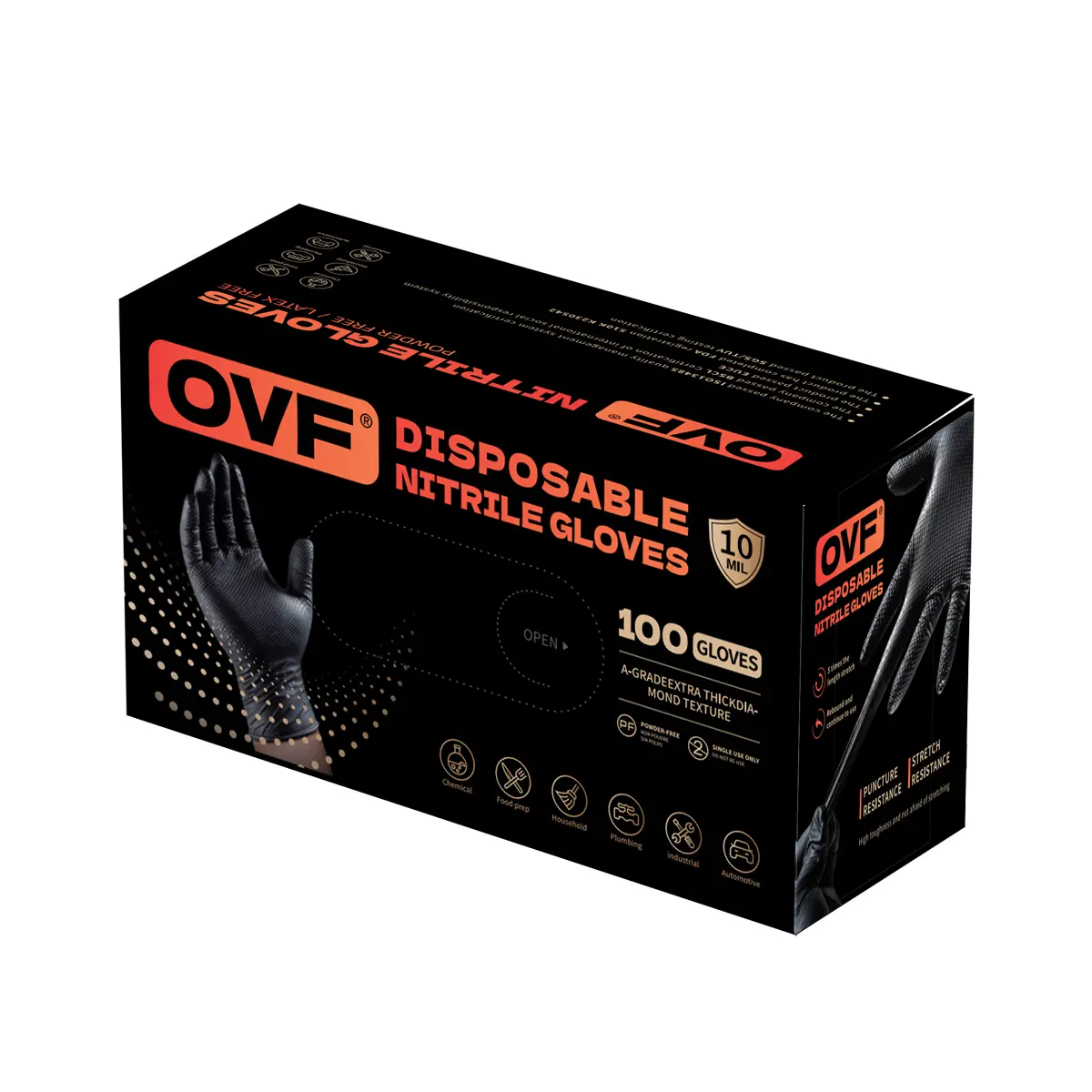 OVF Black Nitrile Gloves, 5mil Heavy Duty Soft Disposable Gloves, 100 Count Latex Free Powder Free Reusable Gloves for Cleaning, Auto Repair, Food Processing, Tattoo, Hair Dye, Kitchen, Salon, Gardening (M-XL Sizes)