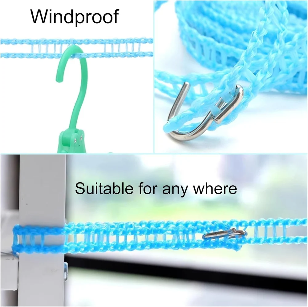 Clothesline - Windproof Nylon Clothesline with Hooks Clothes Drying Line Travel Clothes Line Portable Laundry Line for Indoor Outdoor Camping Home Hotel