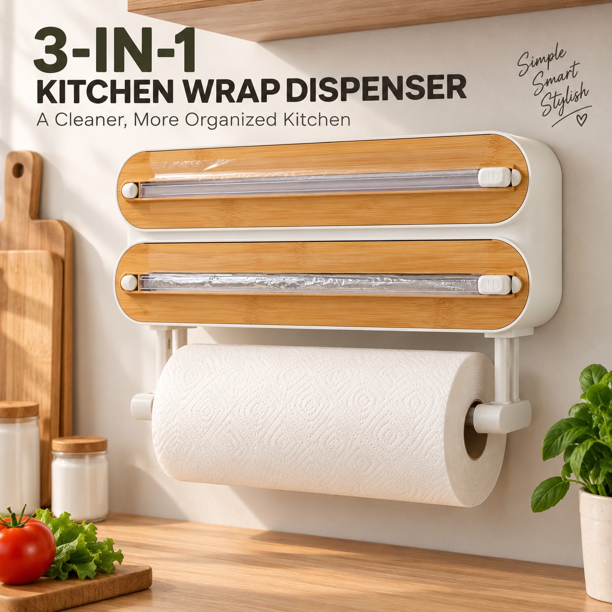 3-in-1 Wall-Mounted Kitchen Wrap Dispenser with Cutter & Paper Towel Holder