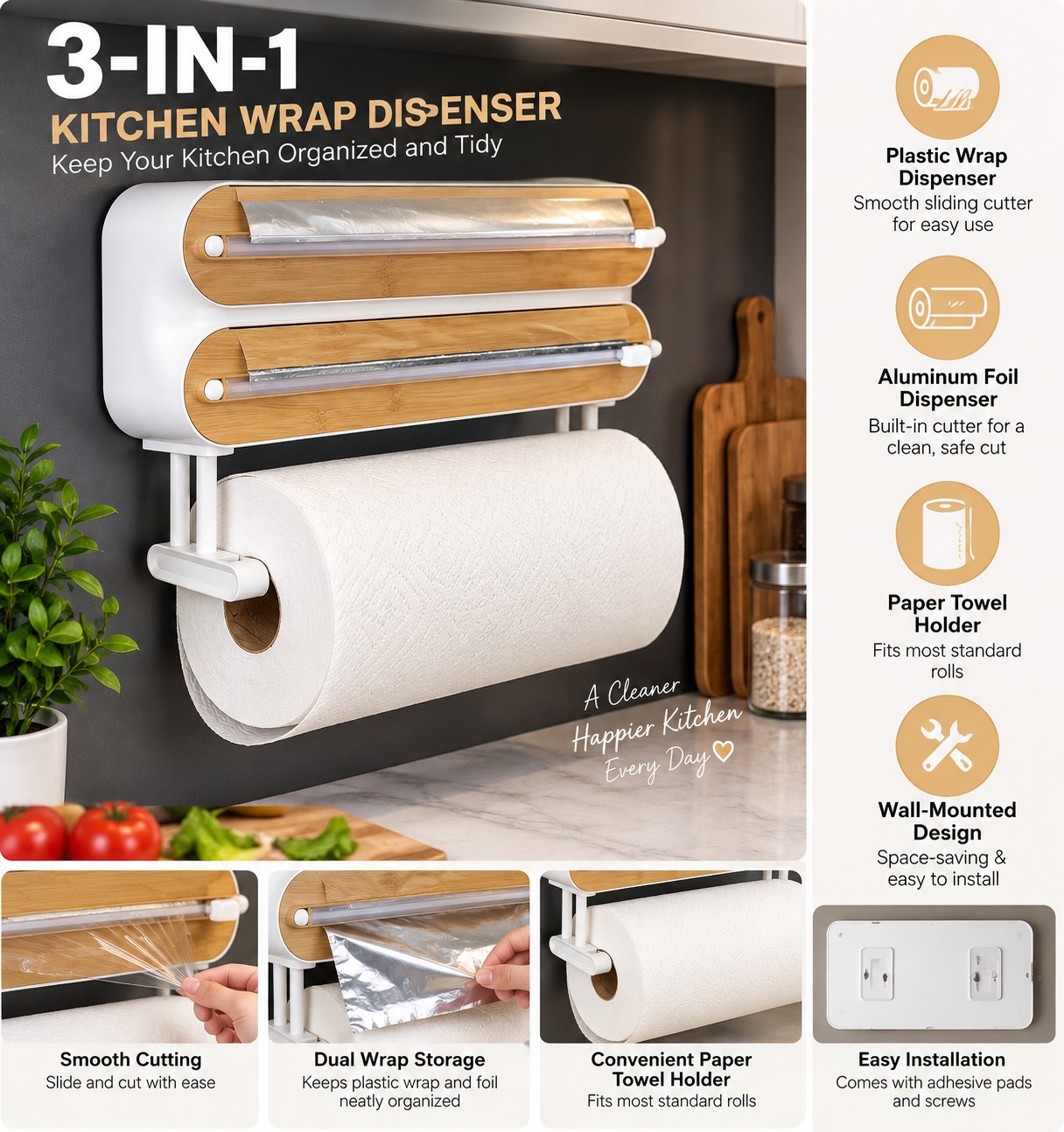 3-in-1 Wall-Mounted Kitchen Wrap Dispenser with Cutter & Paper Towel Holder