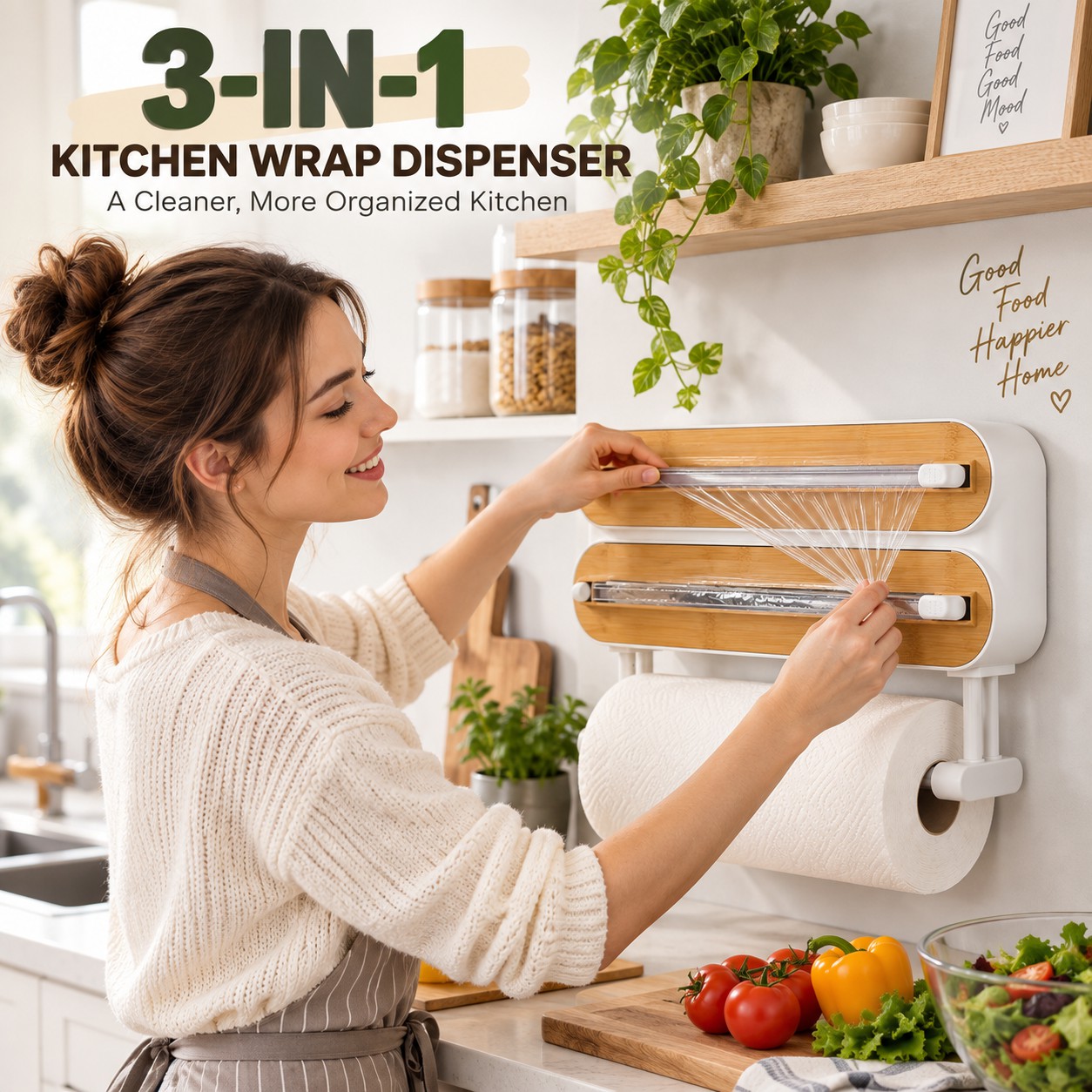 3-in-1 Wall-Mounted Kitchen Wrap Dispenser with Cutter & Paper Towel Holder
