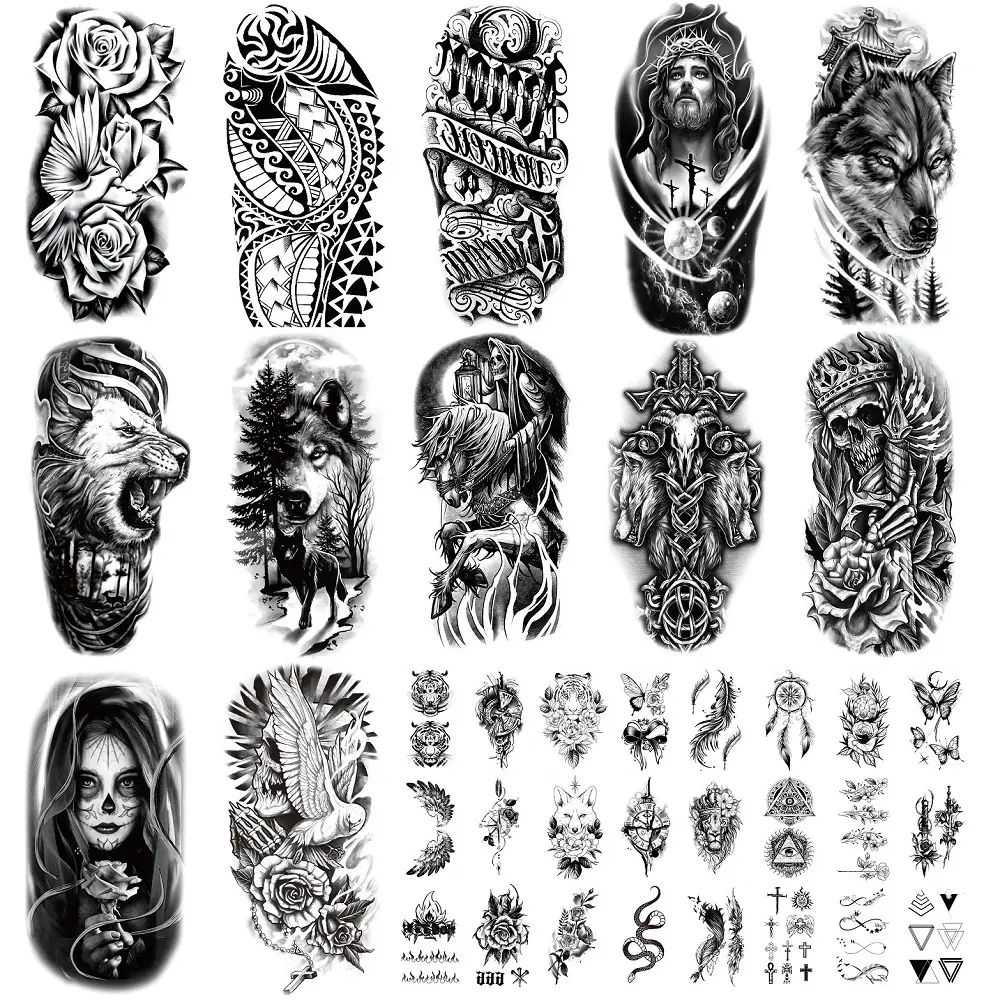 36/76 Sheets Large Black Temporary Tattoo Stickers - Tribal Wolves, Tigers, Lions, Snakes, Skulls, 12 Fake Tattoo Stickers for Men & Women Arm Designs