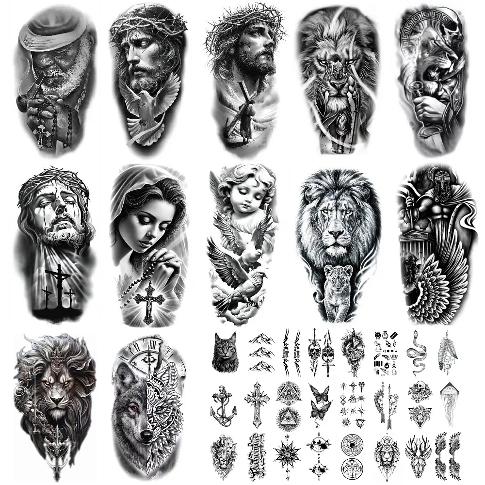 36/76 Sheets Large Black Temporary Tattoo Stickers - Tribal Wolves, Tigers, Lions, Snakes, Skulls, 12 Fake Tattoo Stickers for Men & Women Arm Designs