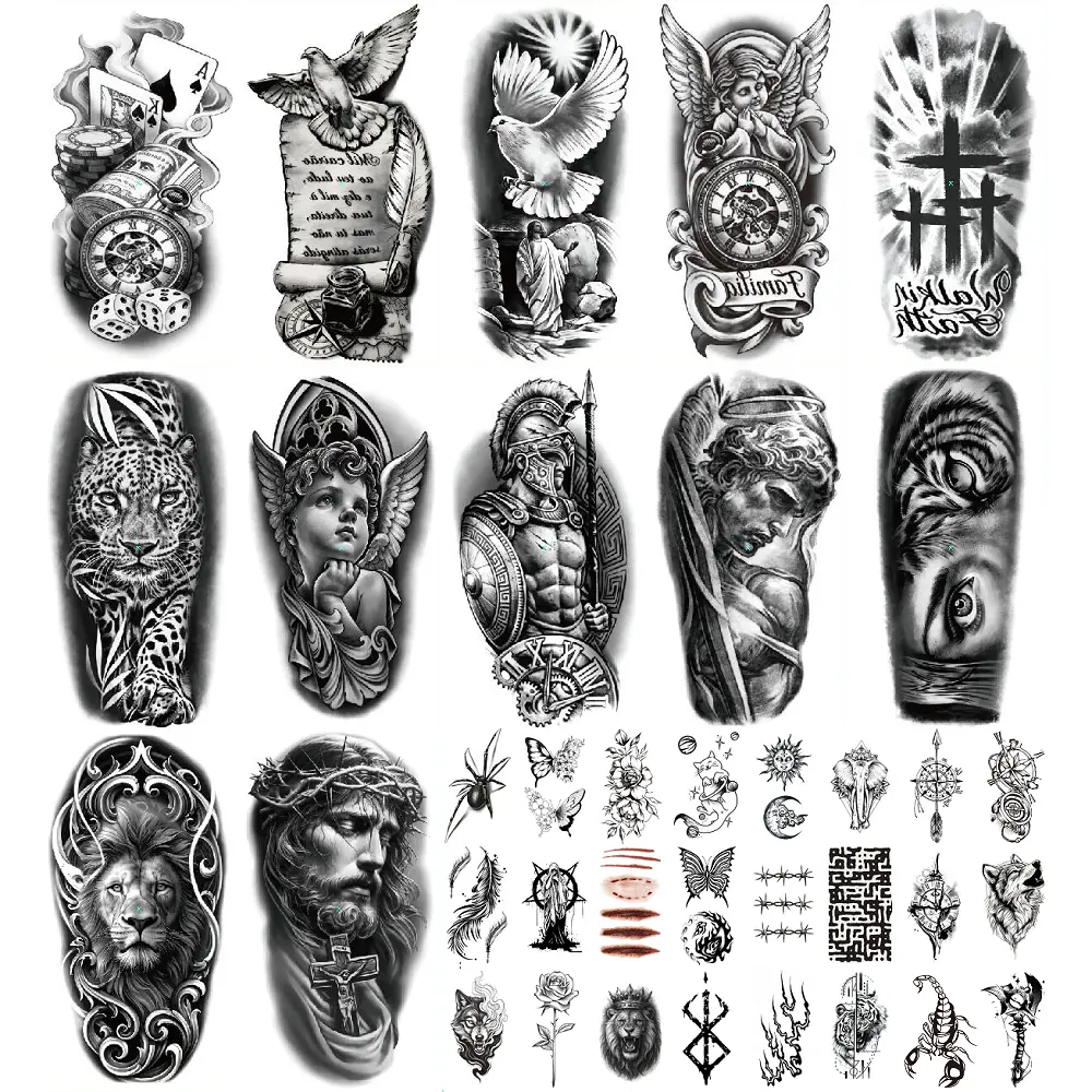 36/76 Sheets Large Black Temporary Tattoo Stickers - Tribal Wolves, Tigers, Lions, Snakes, Skulls, 12 Fake Tattoo Stickers for Men & Women Arm Designs