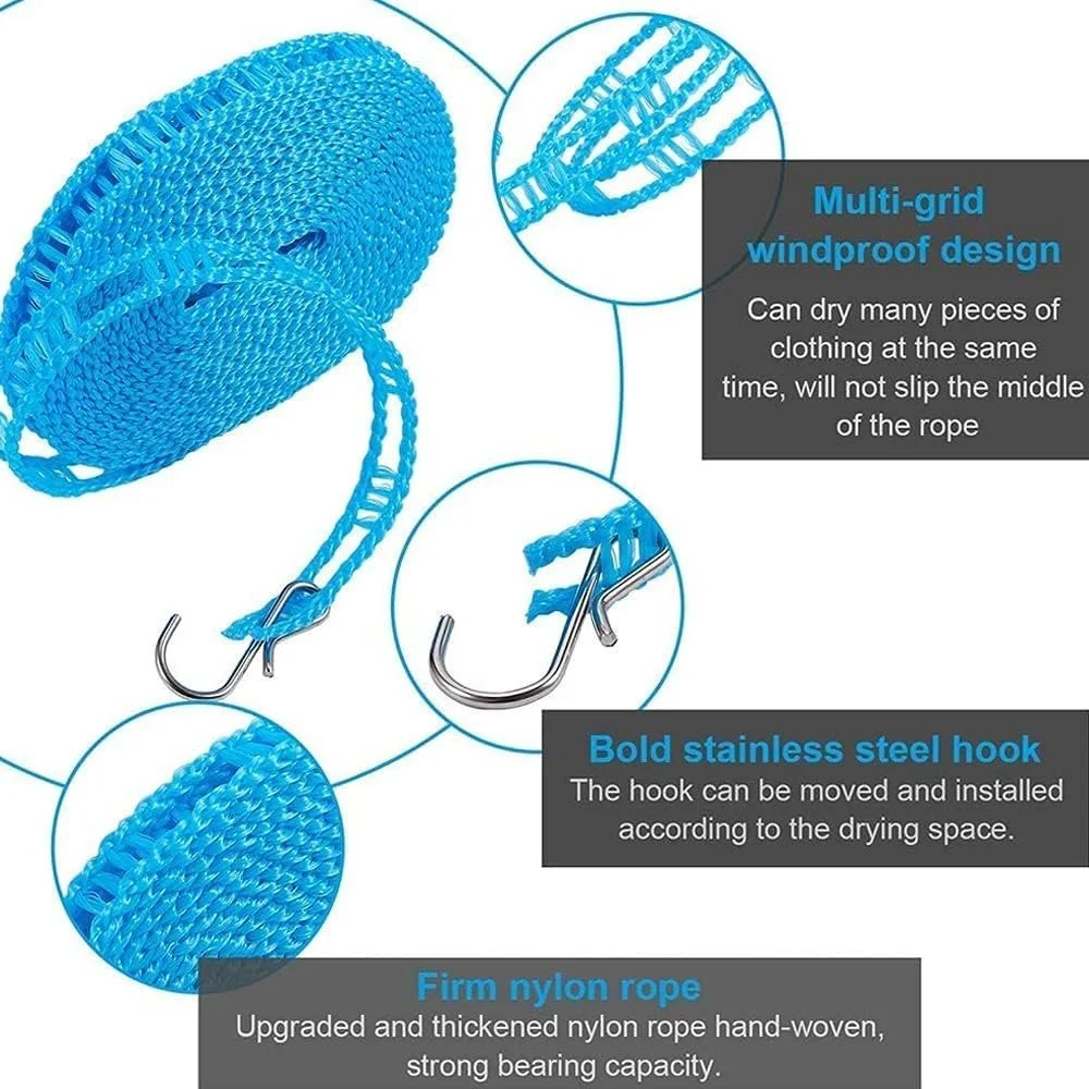 Clothesline - Windproof Nylon Clothesline with Hooks Clothes Drying Line Travel Clothes Line Portable Laundry Line for Indoor Outdoor Camping Home Hotel