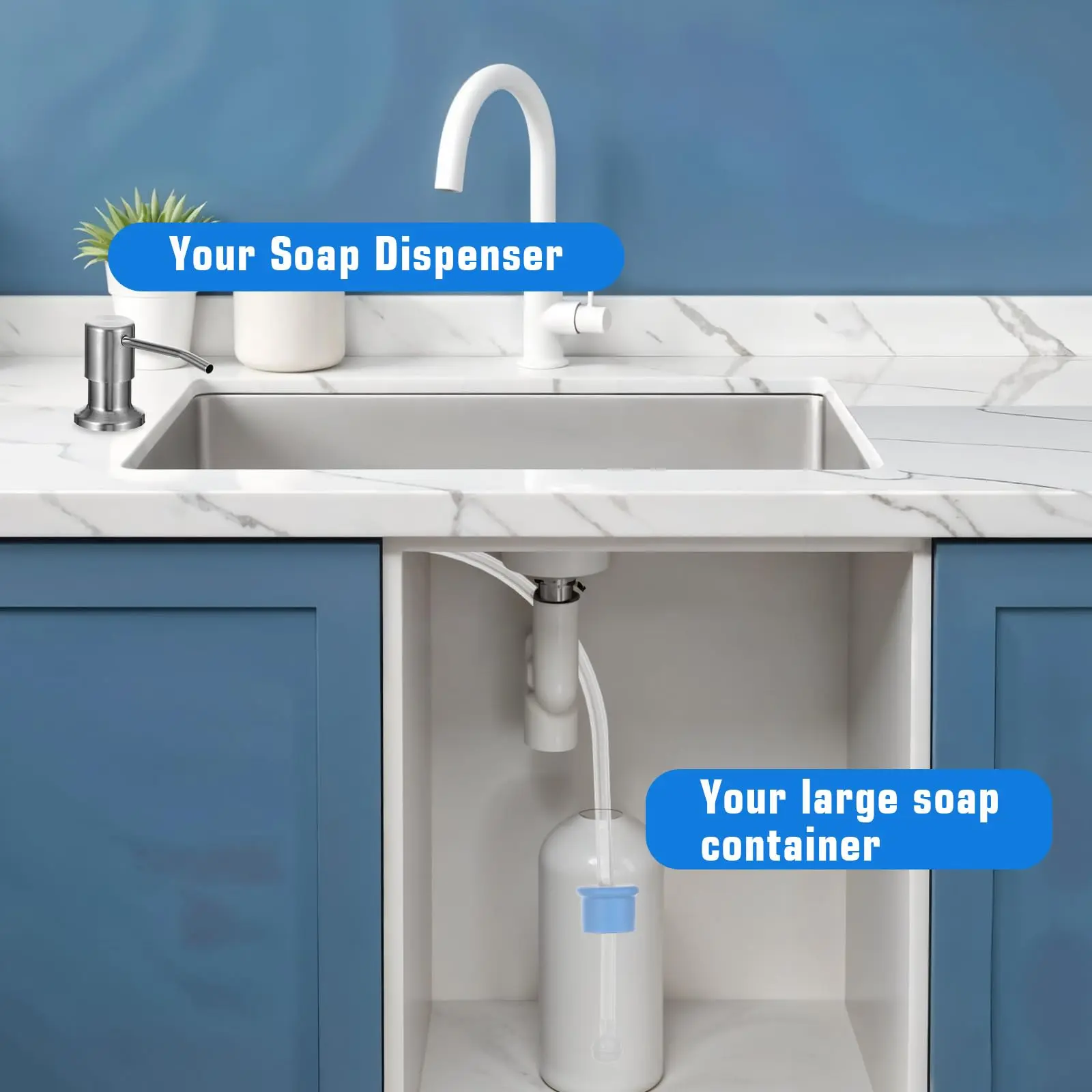 Dish Soap Dispenser for Kitchen Sink (Brushed Nickel), Countertop Sink Soap Dispenser Water Pump with 39” No-Spill Extension Tube Kit Design for Kitchen Bathroom, No More Refills （Sliver）