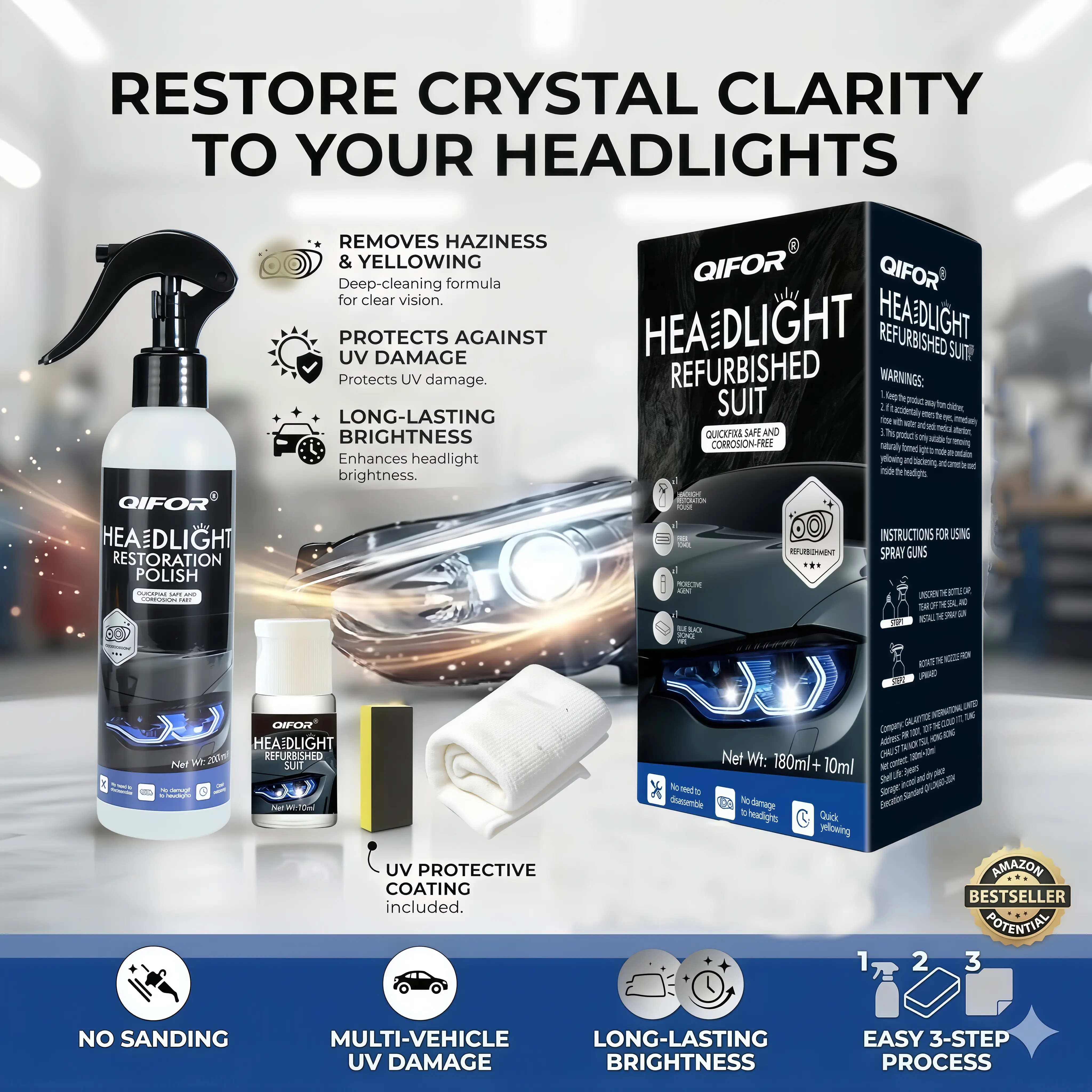 Automotive Headlamp Restoration Fluid - Car Detailing Products for Oxidized, Yellowed, Blurred Headlamps with Enhanced Crystalline Coating Refurbishing Function