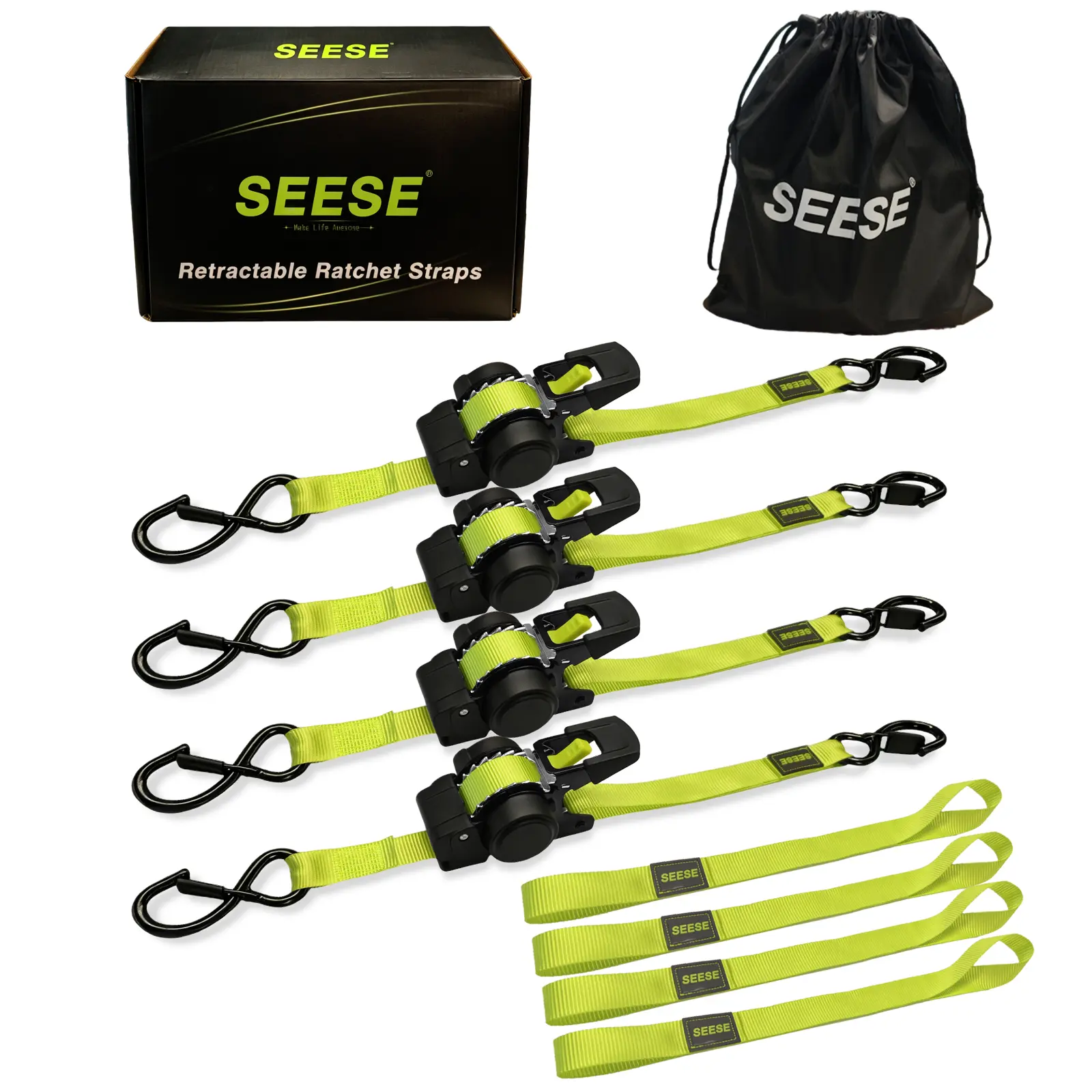 SEESE Car Tie Downs with Ratchets 1"x 11 ft-1500 LB Break Strength Cargo Straps for Moving Appliances, Lawn Equipment, Motorcycle Green