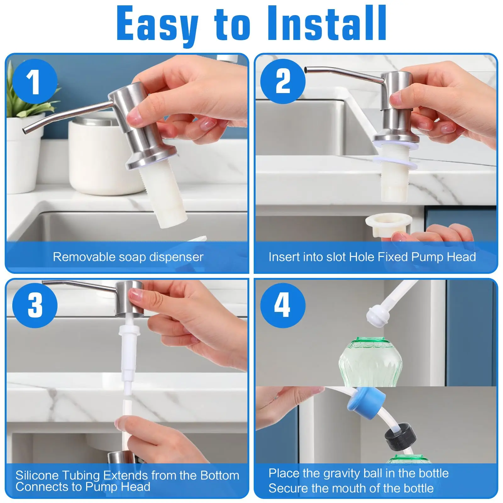 Dish Soap Dispenser for Kitchen Sink (Brushed Nickel), Countertop Sink Soap Dispenser Water Pump with 39” No-Spill Extension Tube Kit Design for Kitchen Bathroom, No More Refills （Sliver）
