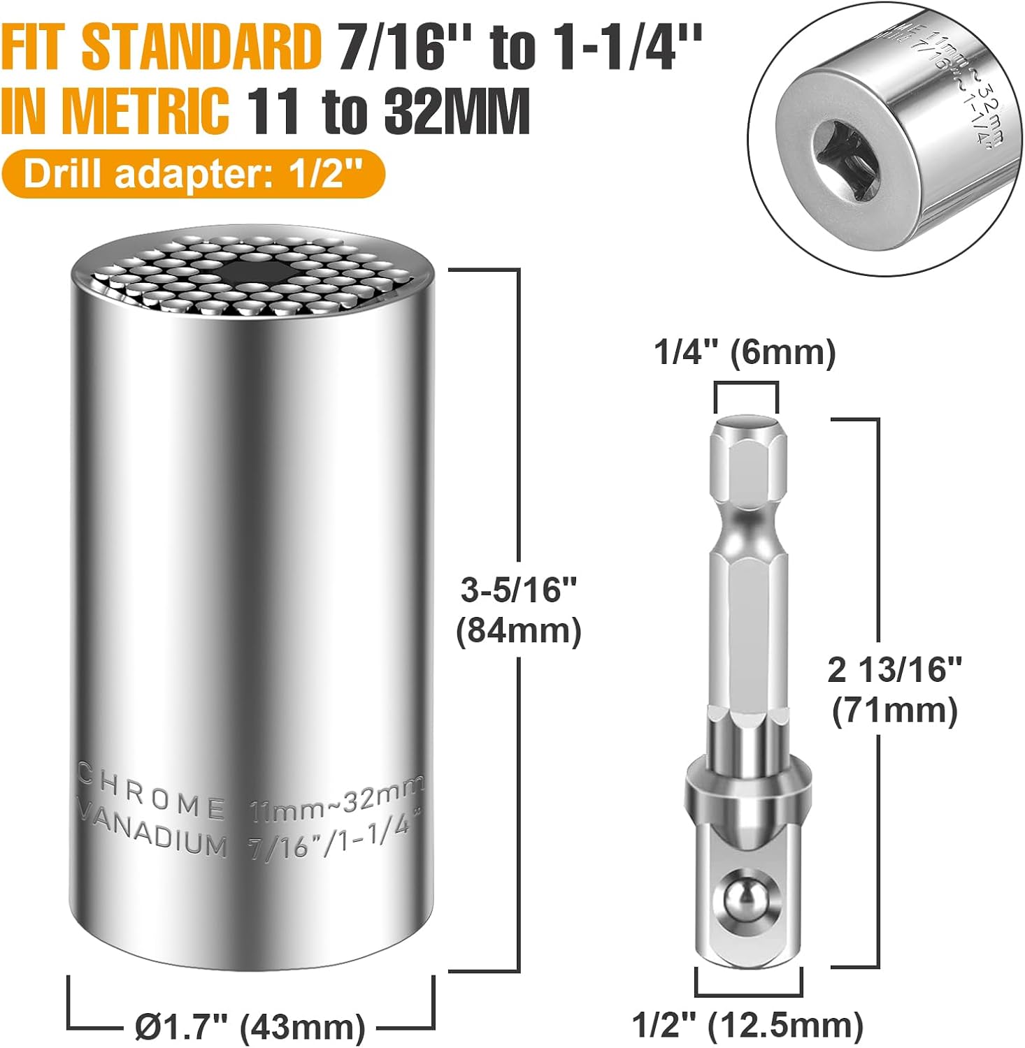 Spurtar 2/4Pcs Universal Socket Set (11-32mm 7-19mm) for Unscrew Any Bolt | Multi-Function Universal Socket Tool with 3/8" 1/2" Power Drill Adapters Birthday Gift for Dad, Husband, Man, Handyman