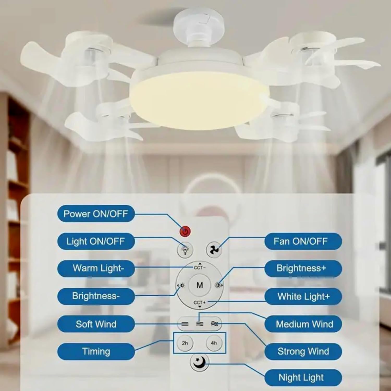 Screw-in Ceiling Fan Light Bulb with Remote Control, E27 Socket Fan Light 3 Speed Adjustable Dimmable LED Light Bulb Fan 3000K-6000K Color for Bedroom, Kitchen, Garage