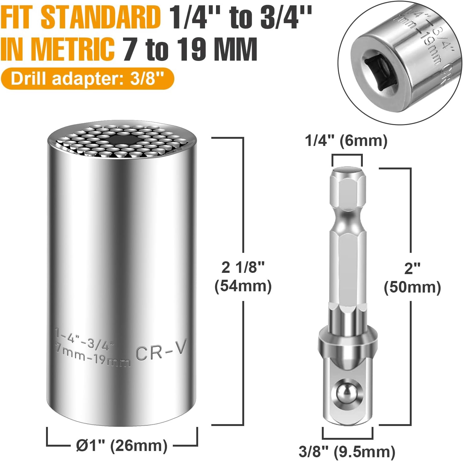 Spurtar 2/4Pcs Universal Socket Set (11-32mm 7-19mm) for Unscrew Any Bolt | Multi-Function Universal Socket Tool with 3/8" 1/2" Power Drill Adapters Birthday Gift for Dad, Husband, Man, Handyman