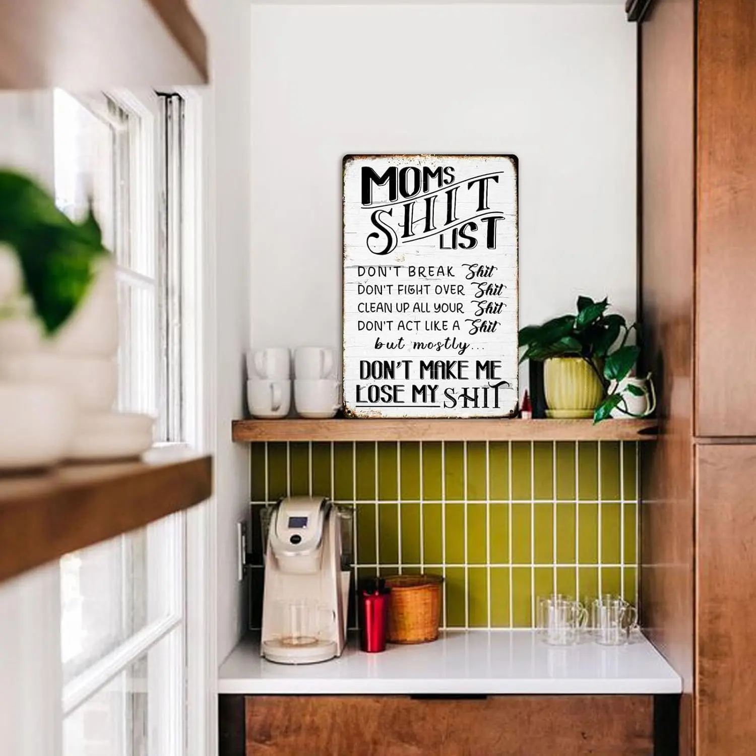 Funny Mom Life Kitchen Wall Decor, Moms List Sarcastic Home Tin Sign, Mom's Shit List Funny Decor