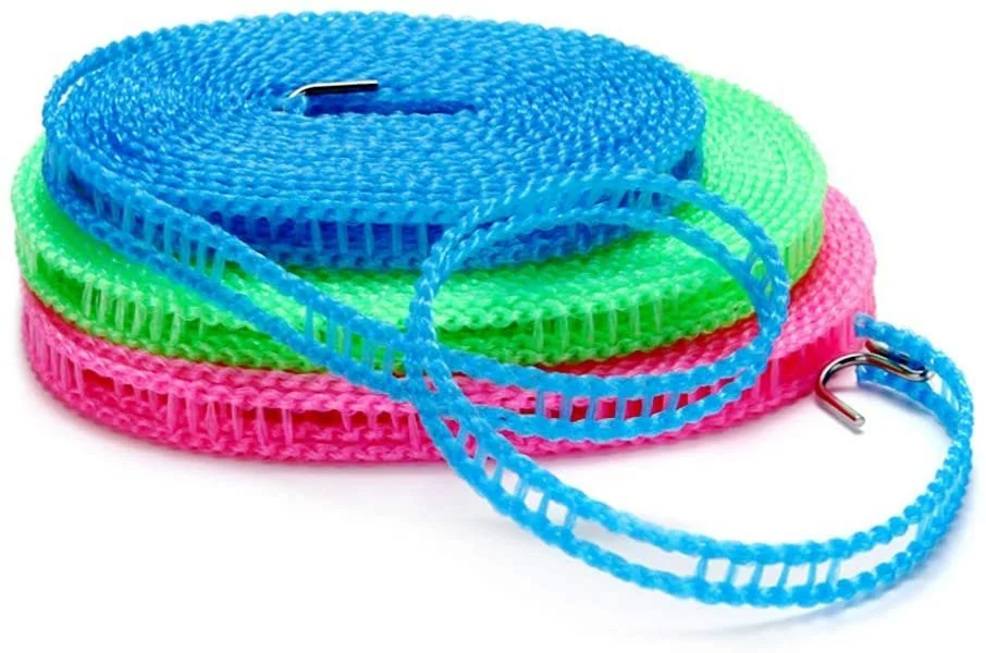 Clothesline - Windproof Nylon Clothesline with Hooks Clothes Drying Line Travel Clothes Line Portable Laundry Line for Indoor Outdoor Camping Home Hotel