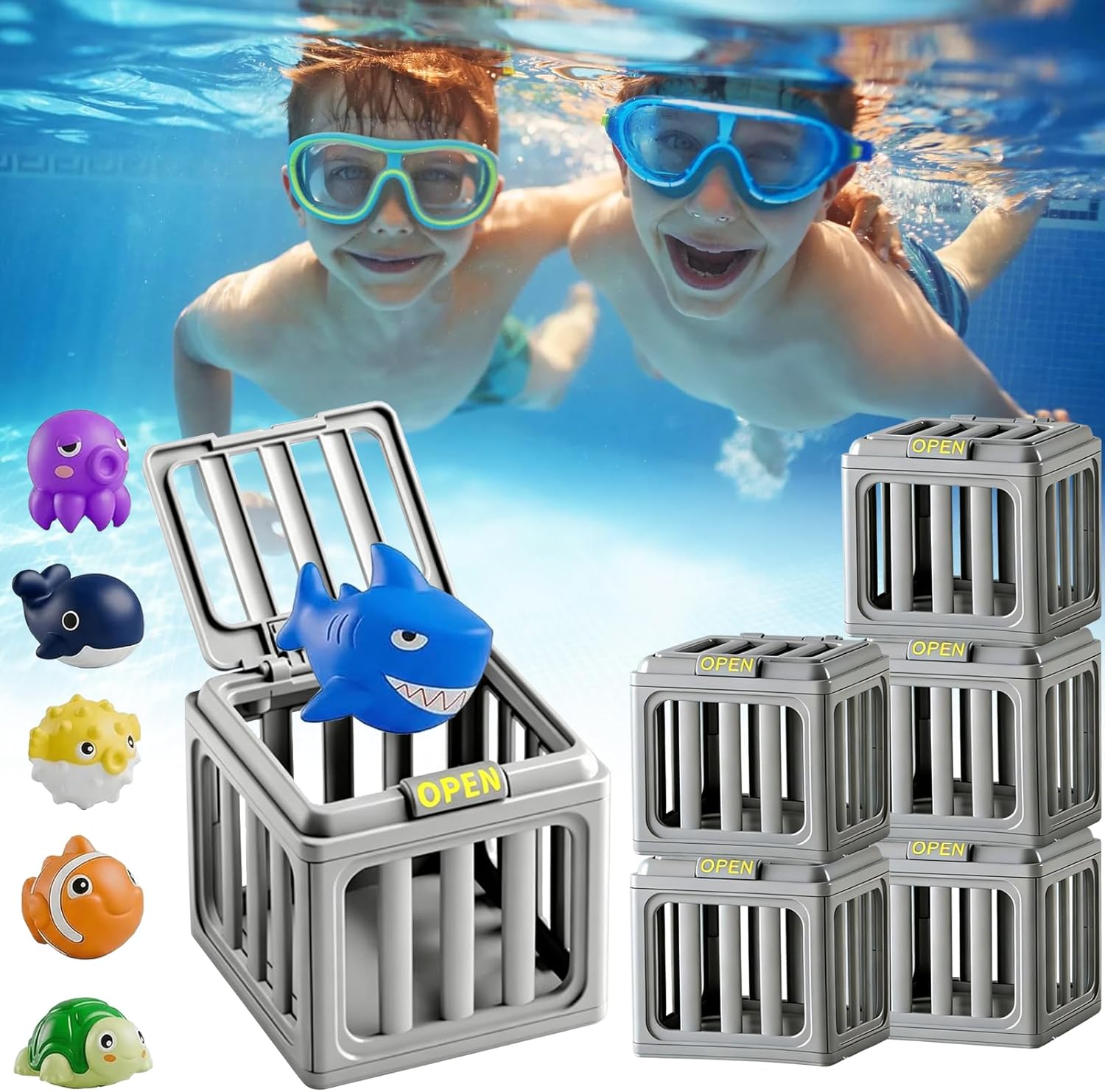 Kids Pool Diving Toys, Water Swimming Dive Pool Game, Toddler Bath Toy Play Set W/ Fish Box Floating Animals, Fun Outdoor Beach Lake Swim Summer Party Gift 3 4 5 6 7 8 10 12 Year Old Boy Girl