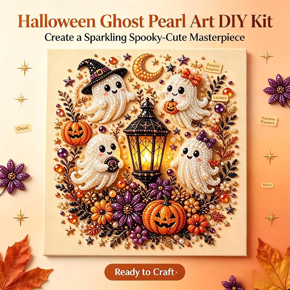 Last Day 50% OFF - Halloween Ghost Pearl Art DIY Kit, 3D Pearl Mosaic Craft Set, Beginner Friendly Handmade Pearl Painting, Cute Ghost Pumpkin Canvas Art, Gift for DIY Craft Lovers