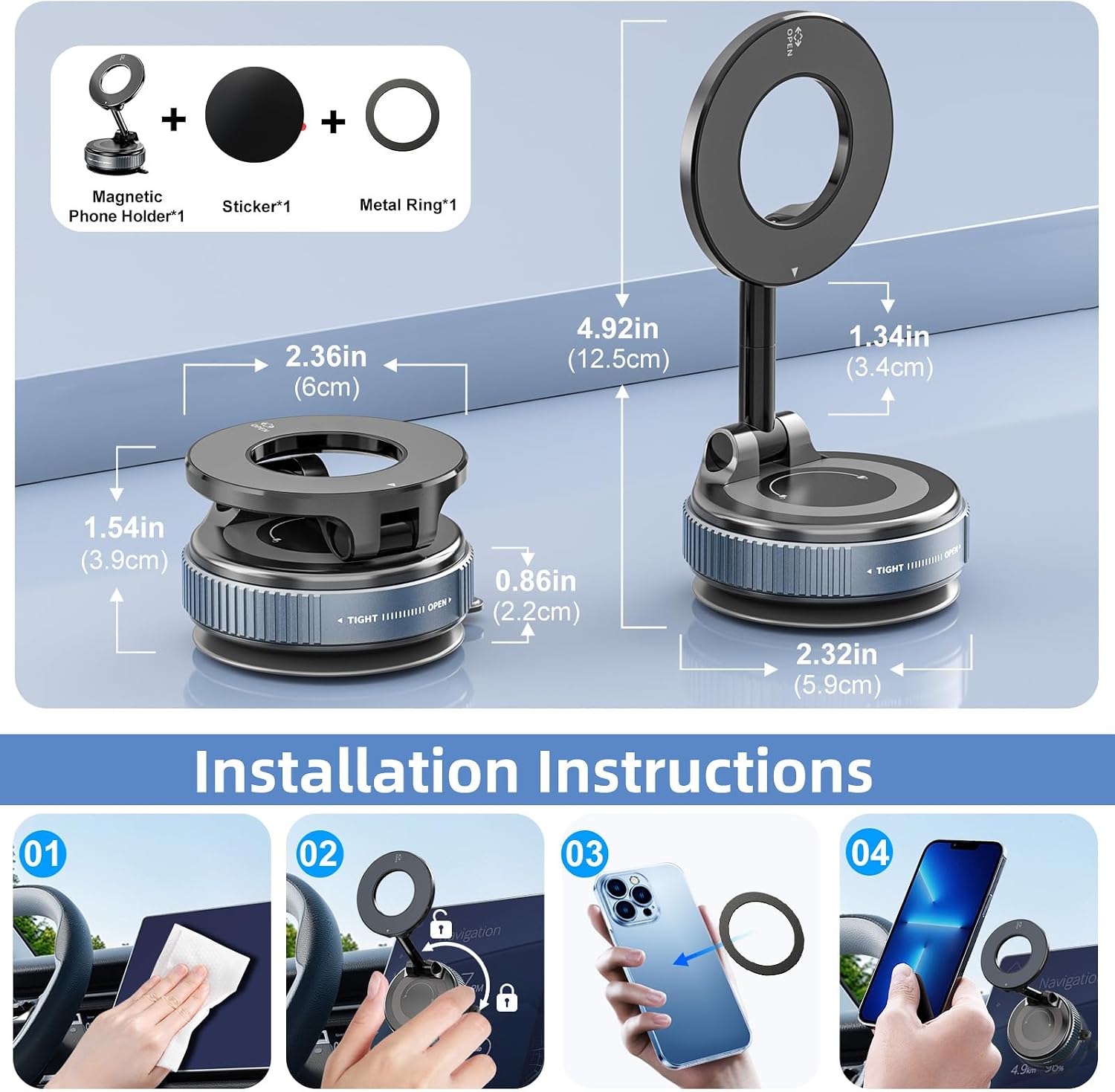 Vacuum Magnetic Phone Holder, 360° Adjustable Magnetic Car Mount, Foldable Portable Suction Cup Cell Phone Mount for Car/Gym/Mirror/Shower, Compatible with All Smartphones & All Car Models