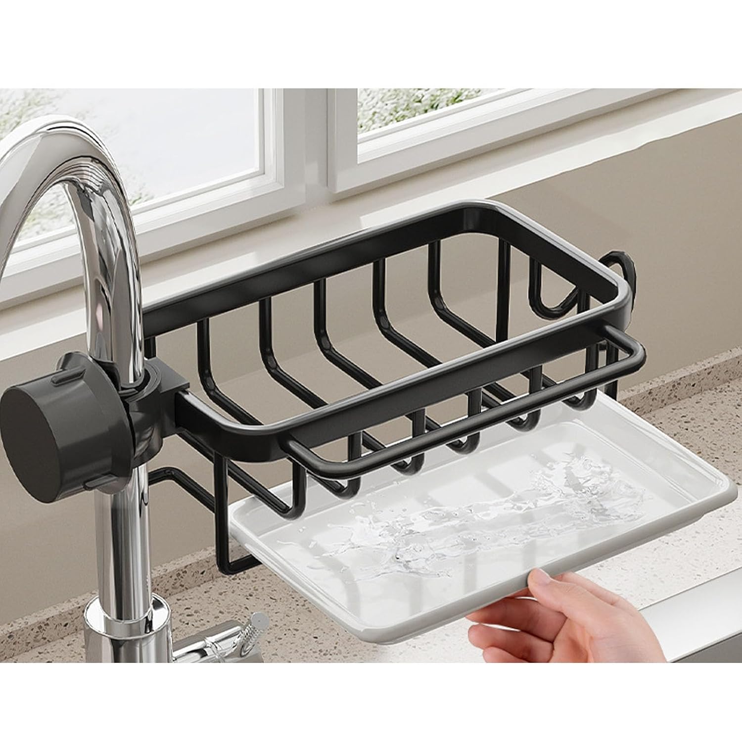 Kitchen Faucet Organizer Rack, Under Sink Organizers Multifunctional Rustproof Sponge Dish Soap Brush Sink Caddy Holder with Drip Tray