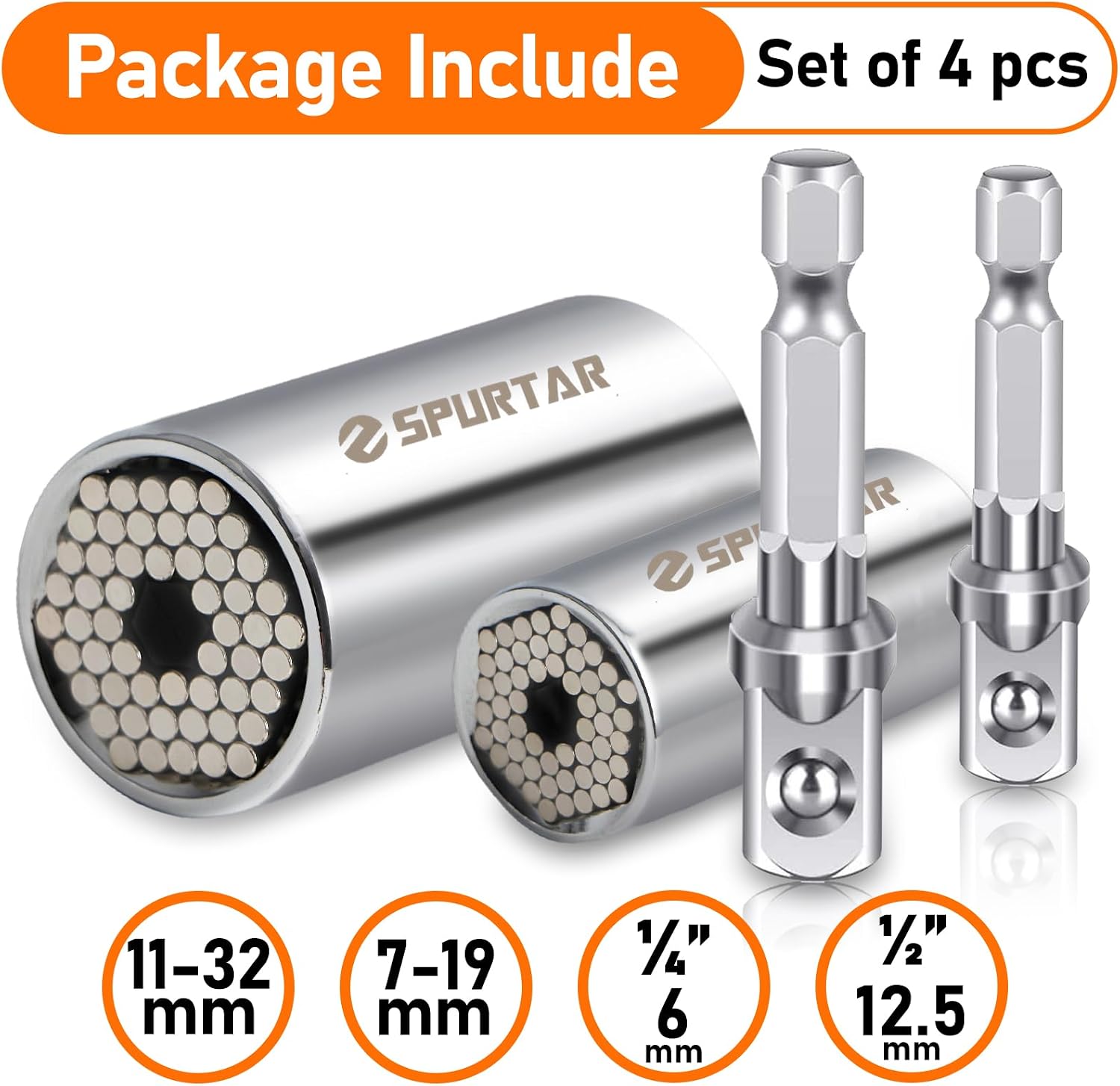 Spurtar 2/4Pcs Universal Socket Set (11-32mm 7-19mm) for Unscrew Any Bolt | Multi-Function Universal Socket Tool with 3/8" 1/2" Power Drill Adapters Birthday Gift for Dad, Husband, Man, Handyman