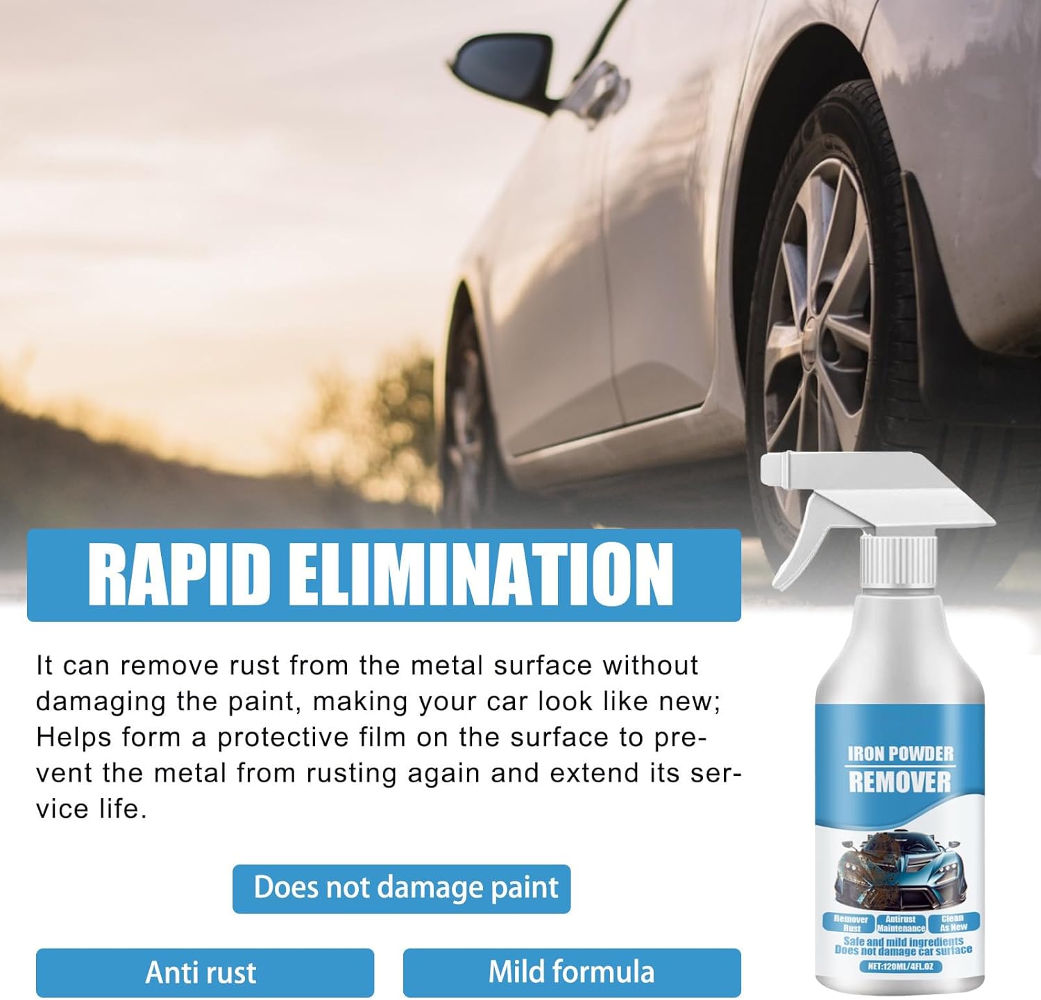 120ML Car Rust & Iron Particle Remover Spray, Heavy Duty Rust Cleaner, Fast Acting Rust Remover Spray for Cars, Brake Dust, Wheels & Metal Tools, Chains, Stainless Steel, Multi-Surface Cleaner