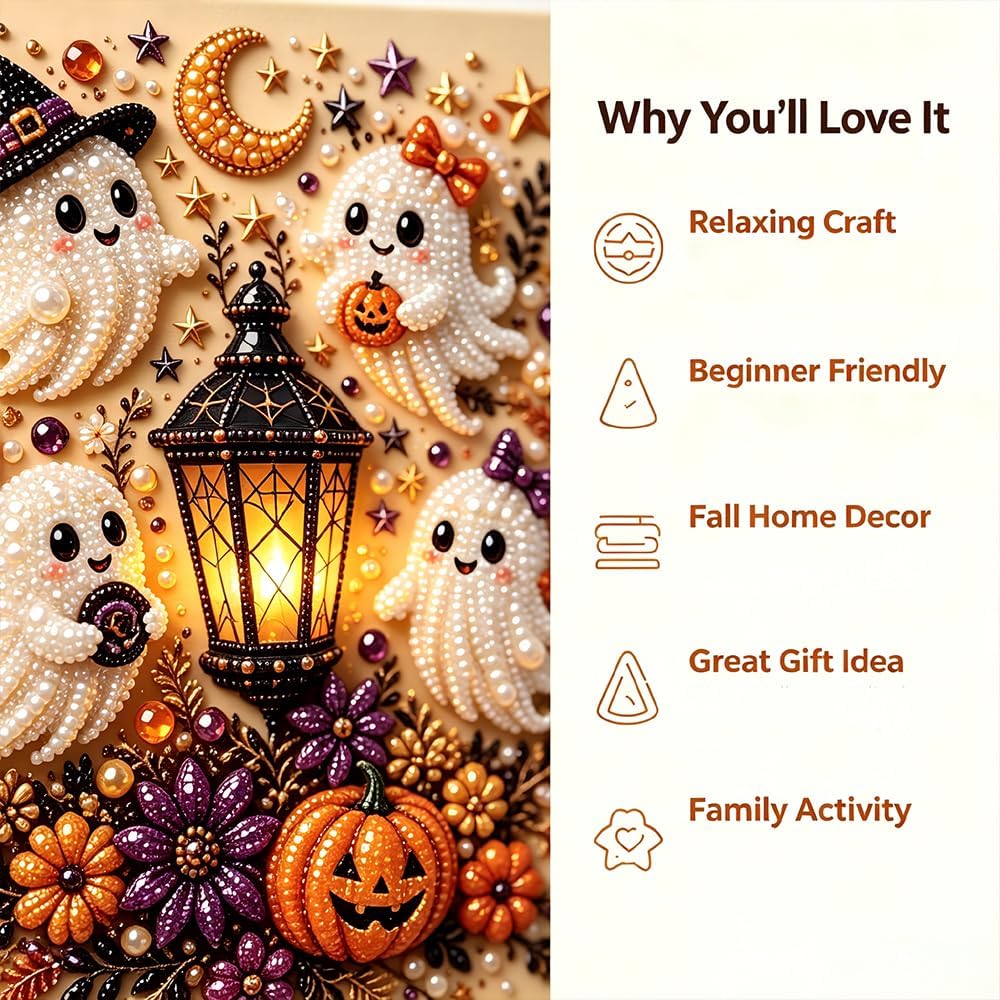 Last Day 50% OFF - Halloween Ghost Pearl Art DIY Kit, 3D Pearl Mosaic Craft Set, Beginner Friendly Handmade Pearl Painting, Cute Ghost Pumpkin Canvas Art, Gift for DIY Craft Lovers