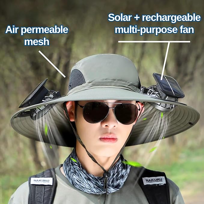 Wide Brim Sun Hat with Solar Fan, Solar Fan Hat, Men Sunscreen Sun Hats with Fans, SolarFan Outdoor