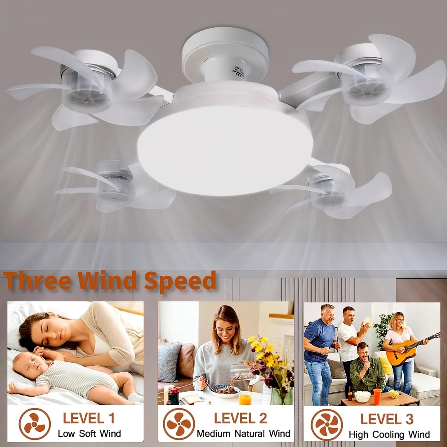 Screw-in Ceiling Fan Light Bulb with Remote Control, E27 Socket Fan Light 3 Speed Adjustable Dimmable LED Light Bulb Fan 3000K-6000K Color for Bedroom, Kitchen, Garage