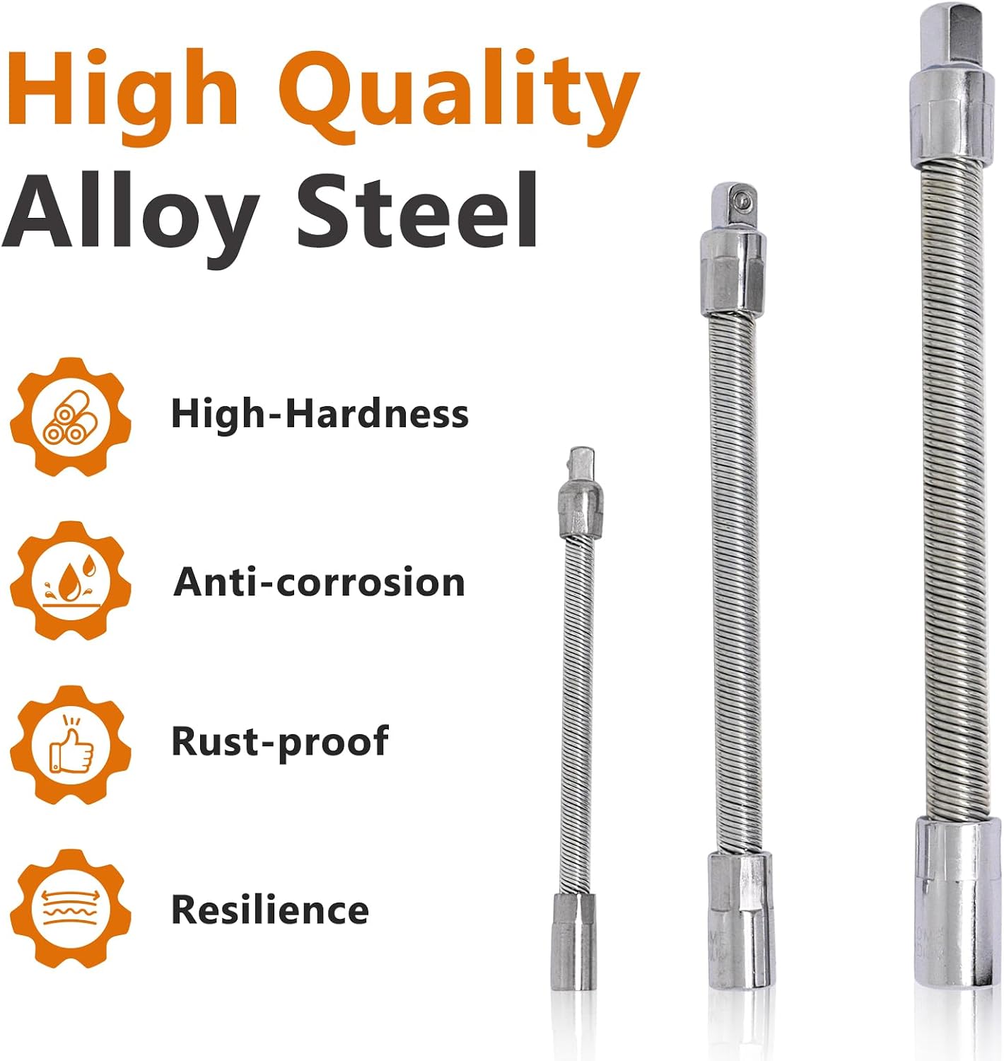 Flexible Extension Bar Set, 1/2", 3/8", 1/4" Silver Flexible Socket Wrench Extension Drive Socket Driver Handle 3Pcs