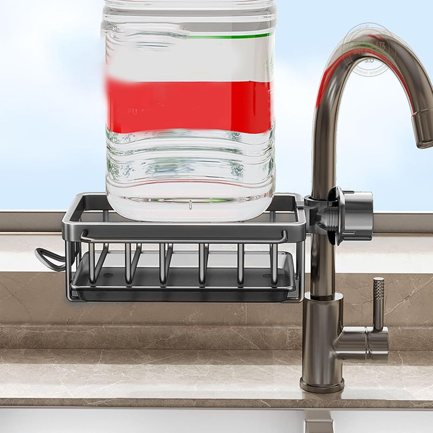 Kitchen Faucet Organizer Rack, Under Sink Organizers Multifunctional Rustproof Sponge Dish Soap Brush Sink Caddy Holder with Drip Tray